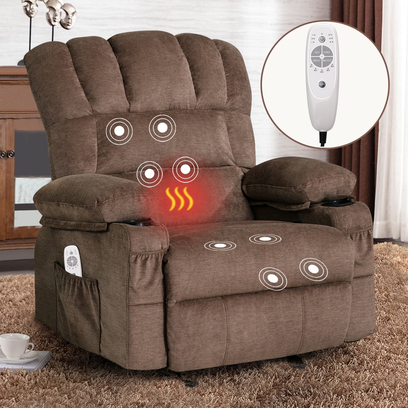 IMKHK Rocker Recliner Chair for Adults, Modern Manual Recliner Chair with Vibration Massage and Heat, Fabric Ergonomic Lounge Chair with Side Pocket, 2 Cup Holders and USE Charge Port, Brown