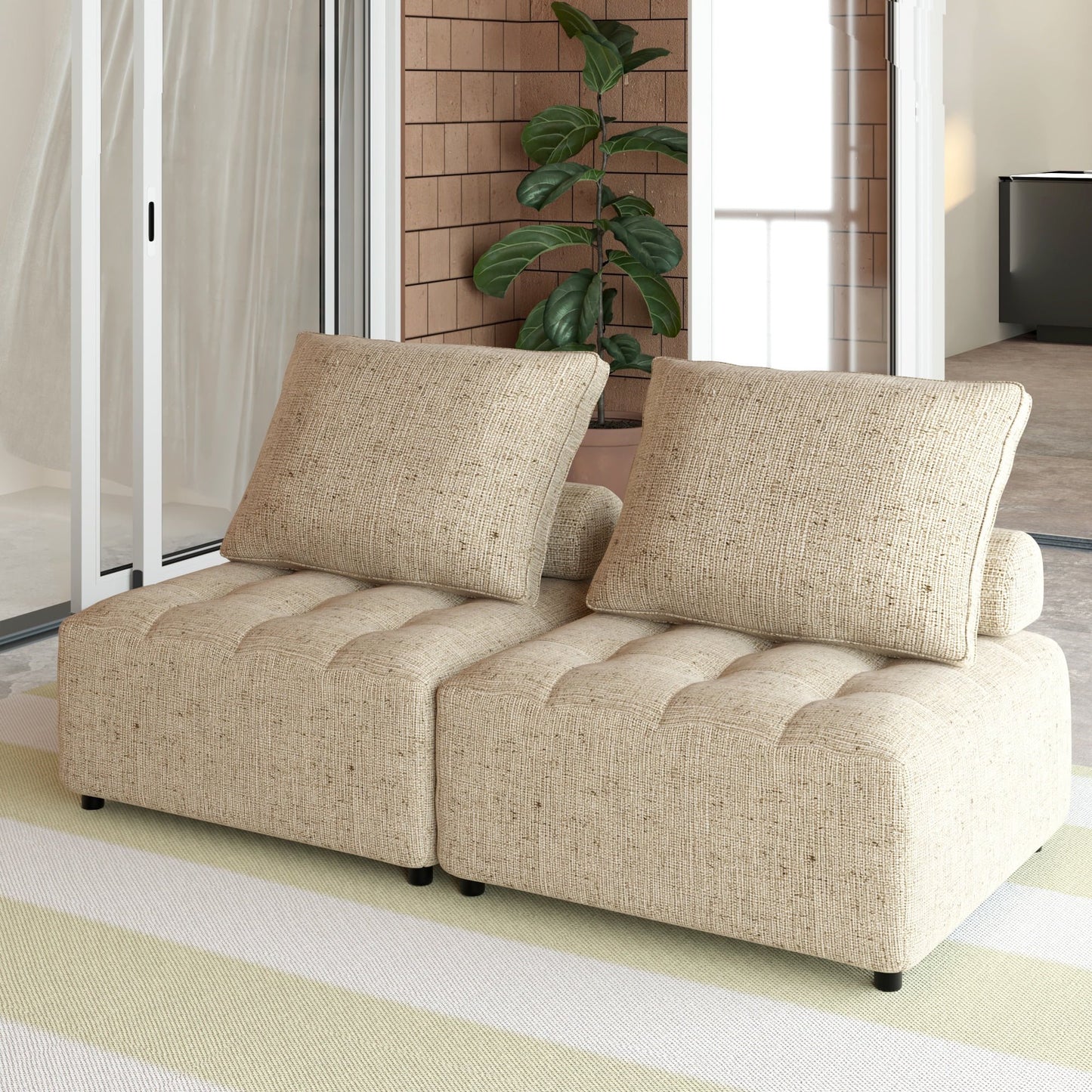 IMKHK Outdoor Modular Sofa, Patio Sectional Furniture Sofa with Metal Structure, Support and Back Cushion, Patio Furniture Sets with Waterproof Sofa Cover for Backyard Balcony, 2PC Light Brown