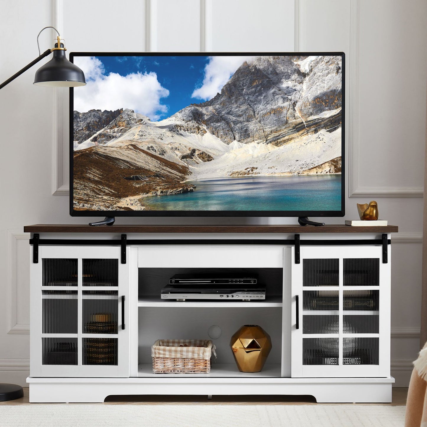 IMKHK TV Console Table with Double Barn Sliding Doors, Farmhouse Wood TV Stand with Adjustable Storage Shelves, Rustic Media Entertainment Center for Living Room Apartment, White