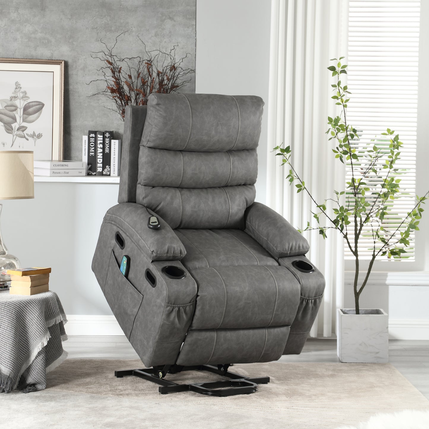 IMKHK Electric Lift Recliner Chair with Heat and Massage Function for Elderly, Power Lift Recliner with Remote Control, Wide Seat Single Sofa with Side Pockets and Cup Holders, PU Leather, Black