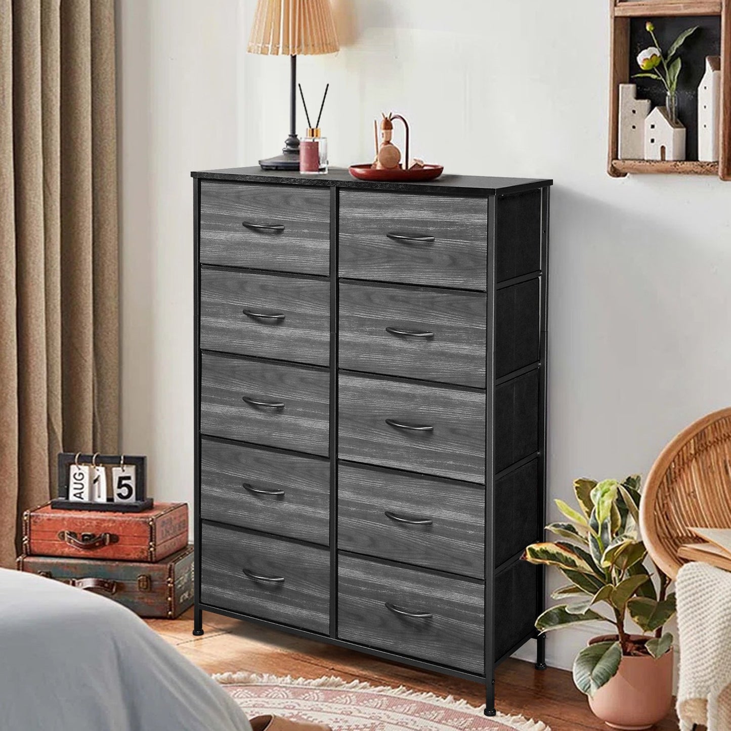 IMKHK 10 Drawer Dresser, Wide Chest Of Drawers Nightstand with Fabric Drawers, Wood Organizer Storage Cabinet with Large Storage Unit for Hallway Entryway Living Room Bedroom, Metal Frame, Black
