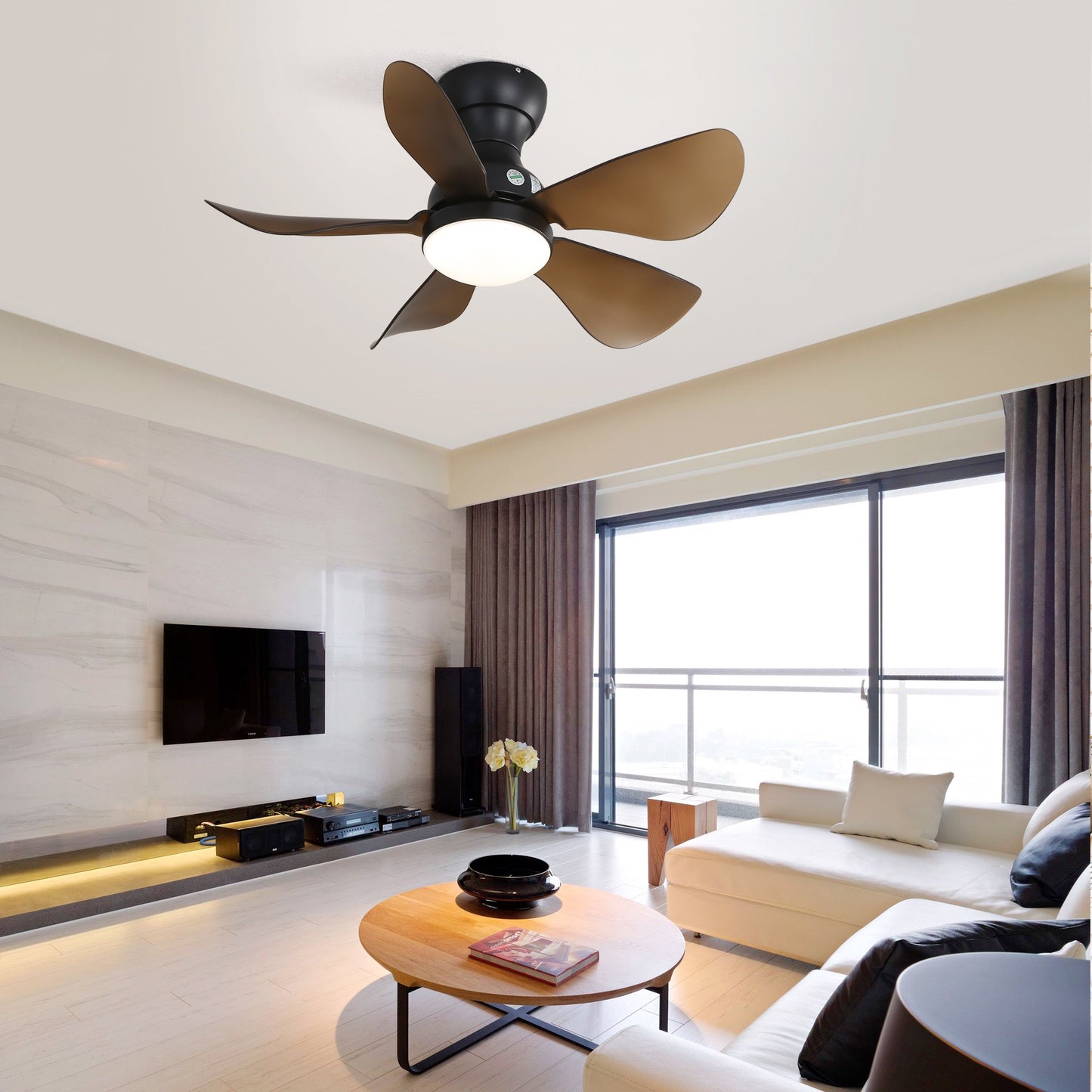 IMKHK 29" Ceiling Fan with Light and Remote Control, Modern Low Profile Flush Mount Ceiling Fan with Dimmable Fanlight, 6-Speed Reversible DC Motor, 5 ABS Fan Blades, for Bedroom Living Room, Black
