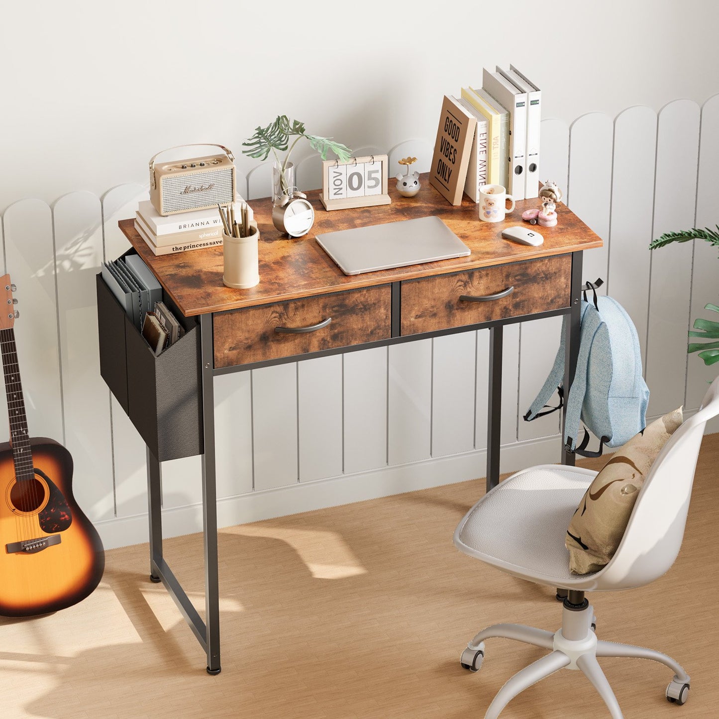 IMKHK 32" Home Office Computer Desk with 2 Storage Drawers and Fabric Side Bags, Small Study Writing Desk with Headphone Hook, Wood Gaming Desk with Strong Metal Frame for Bedroom Office, Brown