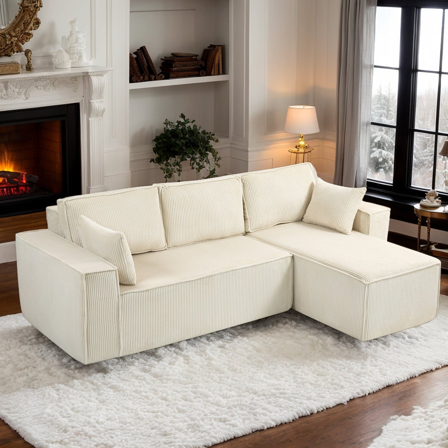 IMKHK 4-Seat Convertible Modular Sectional Sofa Couch with Corduroy Fabric, Upholstered L-Shaped Couch with Cushions and Pillows, Modern Deep Seat Sofa for Living Room, No Assembly Required, Black