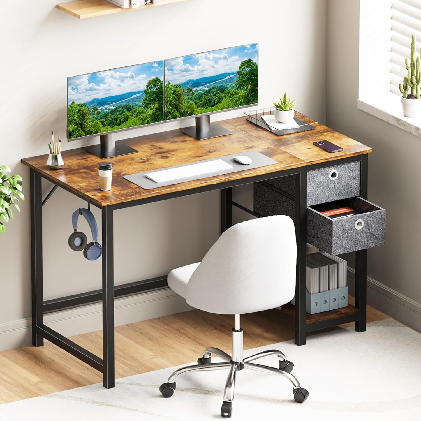 IMKHK 47" Small Home Office Computer Desk with 2 Storage Drawers, Shelf and Hook, Modern Writing Study Desk with Steady Metal Frame, Multi-Functional Gaming Table for Home Bedroom Office, Black