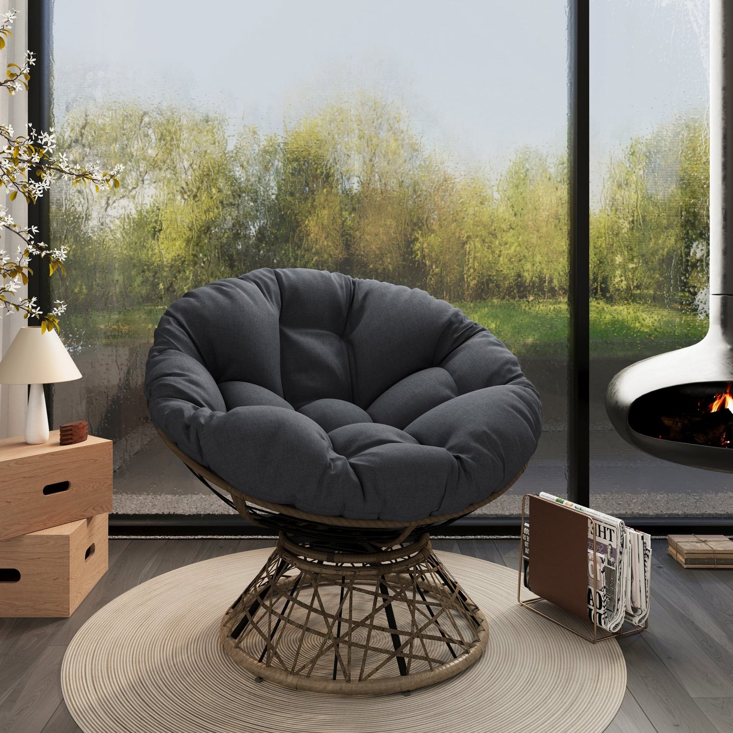 IMKHK 40" Swivel Papasan Chair with Cloud Thick Density Fabric Cushion, Comfy Single Rattan Chair with Handwoven Wicker, Ergonomic Lounge Chair for Reading Living Room Bedroom, Beige