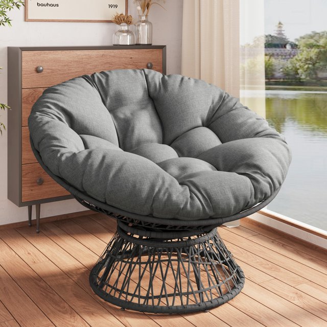IMKHK 41.5" Rattan Papasan Chair with Cloud Thick Density Fabric Cushion, Ergonomic Lounge Chair with Handwoven Wicker, Comfy Single Swivel Chair for Reading Living Room Bedroom, Beige