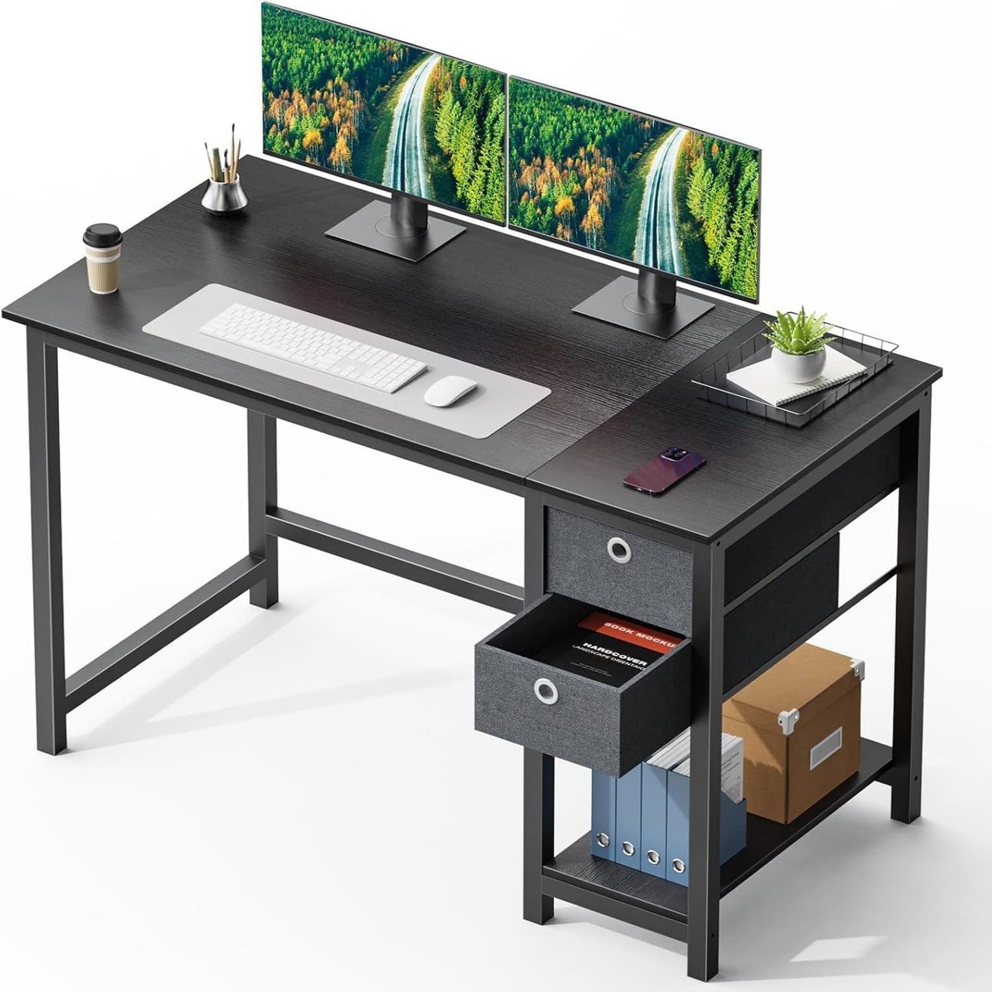 IMKHK 47" Small Home Office Computer Desk with 2 Storage Drawers, Shelf and Hook, Modern Writing Study Desk with Steady Metal Frame, Multi-Functional Gaming Table for Home Bedroom Office, Black