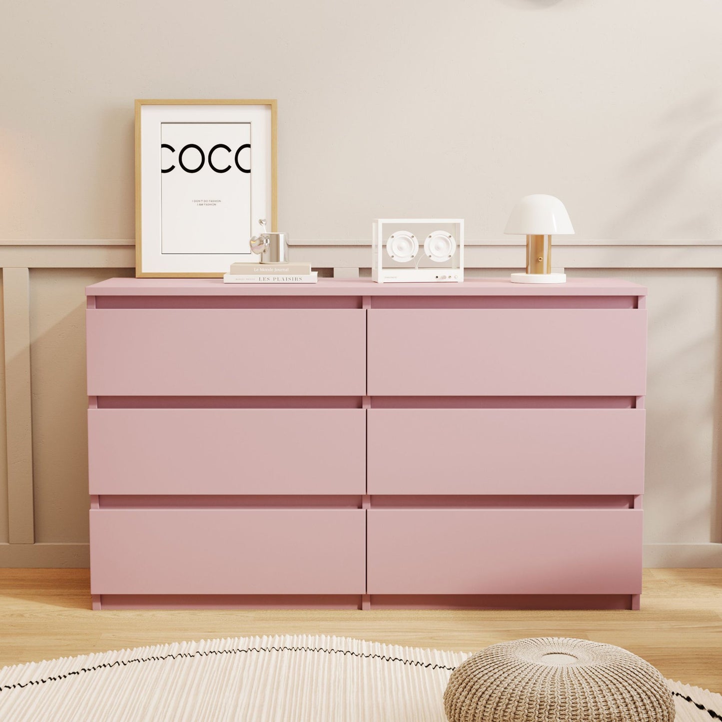 IMKHK 6 Drawer Double Dresser with Cutout Handles, 47.2" Wooden Storage Side Cabinet Chest of Drawers, Modern Vertical Chest of Drawers Organizer for Hallway Bedroom Living Room Office, White