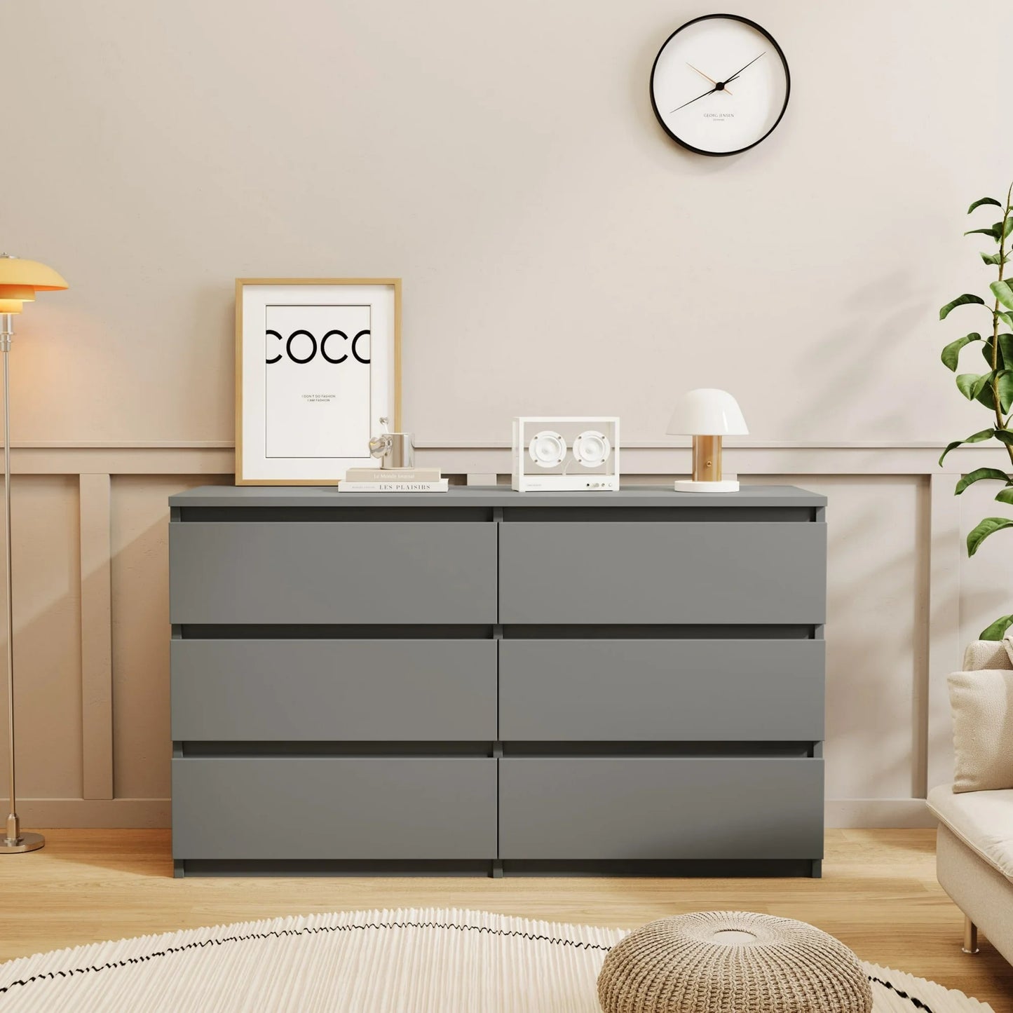 IMKHK 6 Drawer Double Dresser with Cutout Handles, 47.2" Wooden Storage Side Cabinet Chest of Drawers, Modern Vertical Chest of Drawers Organizer for Hallway Bedroom Living Room Office, Gray