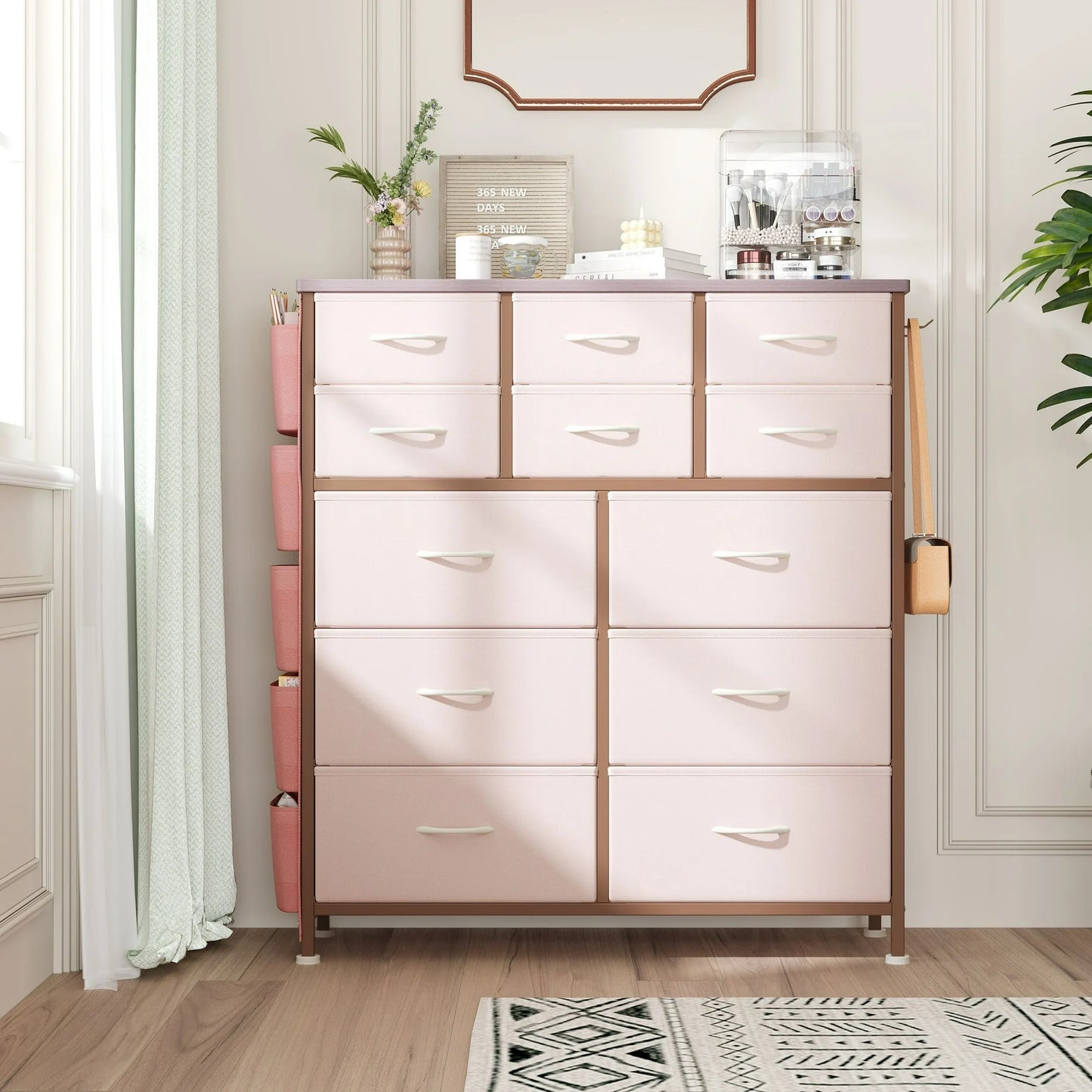 IMKHK 12 Drawer Fabric Dresser for Bedroom, Chest of Drawers with Side Pockets and Hooks, Modern Storage Cabinet Dresser Organizer Unit with Wood Top for Bedroom Living Room Entryway Hallway, White