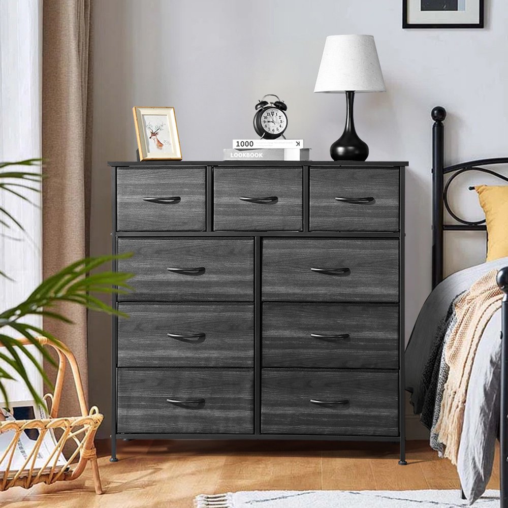 IMKHK 9 Drawers Dresser, Fabric Wide Chest Of Drawers with Wood Top and Metal Frame, Modern Organizer Storage Cabinet with Easy Pull Out Handles for Bedroom, Living Room, Entryway, Halloway, Black
