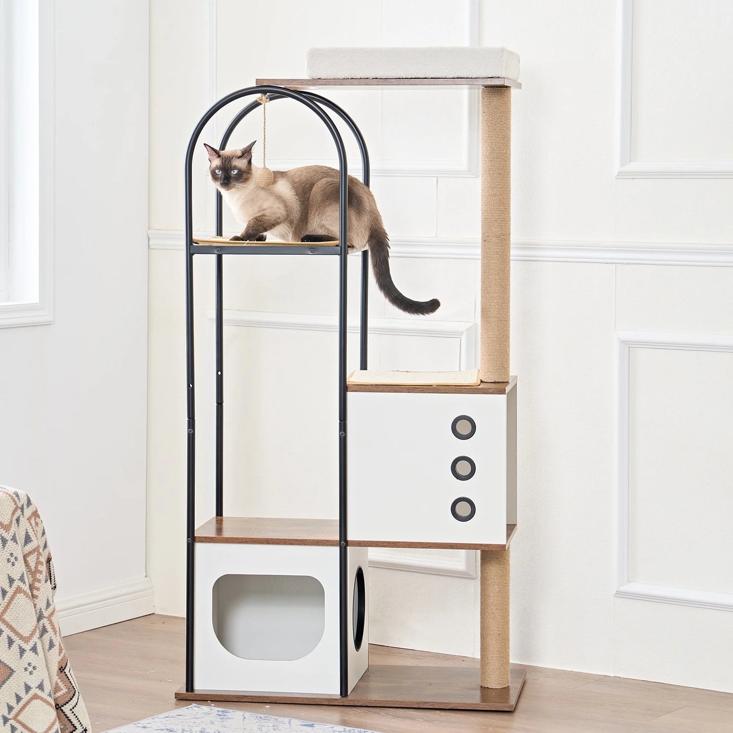 IMKHK 60" Cat Tree for Kittens and Medium Cats, Wooden Indoor Cat Tower Condo with Scratching Post and Pads, Large Multi-Level Cat Play House with 2 Condos and Comfy Top Perch, White Walnut