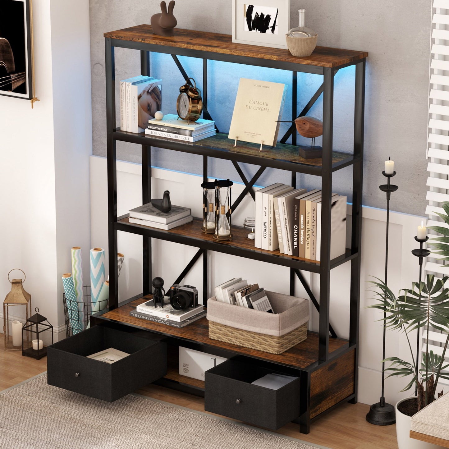 IMKHK 67" LED Bookshelf with 2 Drawers, Modern 3-Tier Metal Bookcase Shelf Storage Organizer, Freestanding Display Rack Bookshelf for Living Room Home Office, Anti-Tipping Design, Walnut