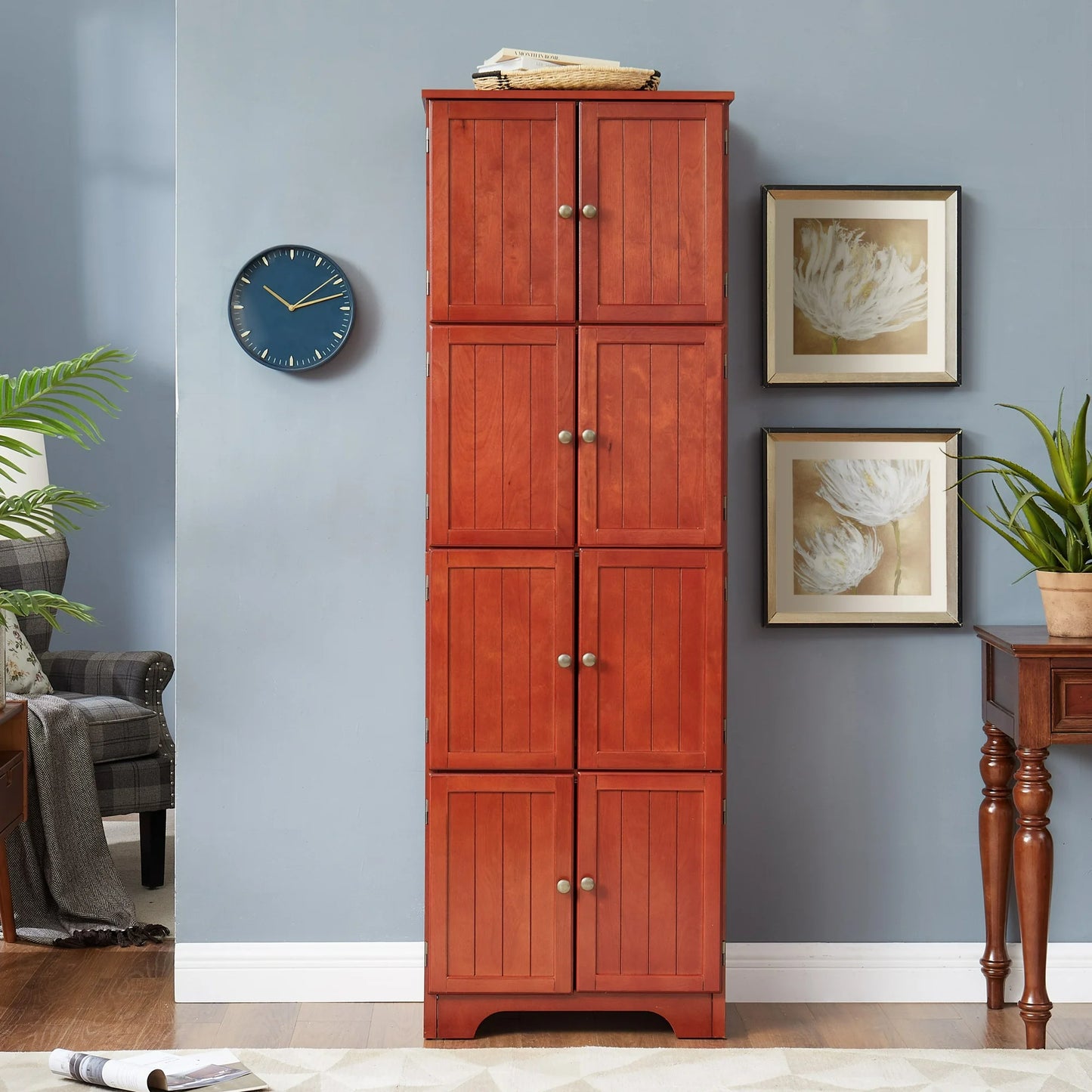 IMKHK 72" Tall Freestanding Kitchen Pantry Cabinet, 4 Layers Farmhouse Storage Cabinet with 8 Doors and 4 Shelves, Sturdy Wooden Bookshelf for Kitchen, Dining Room, Bathroom, Living Room, Cherry