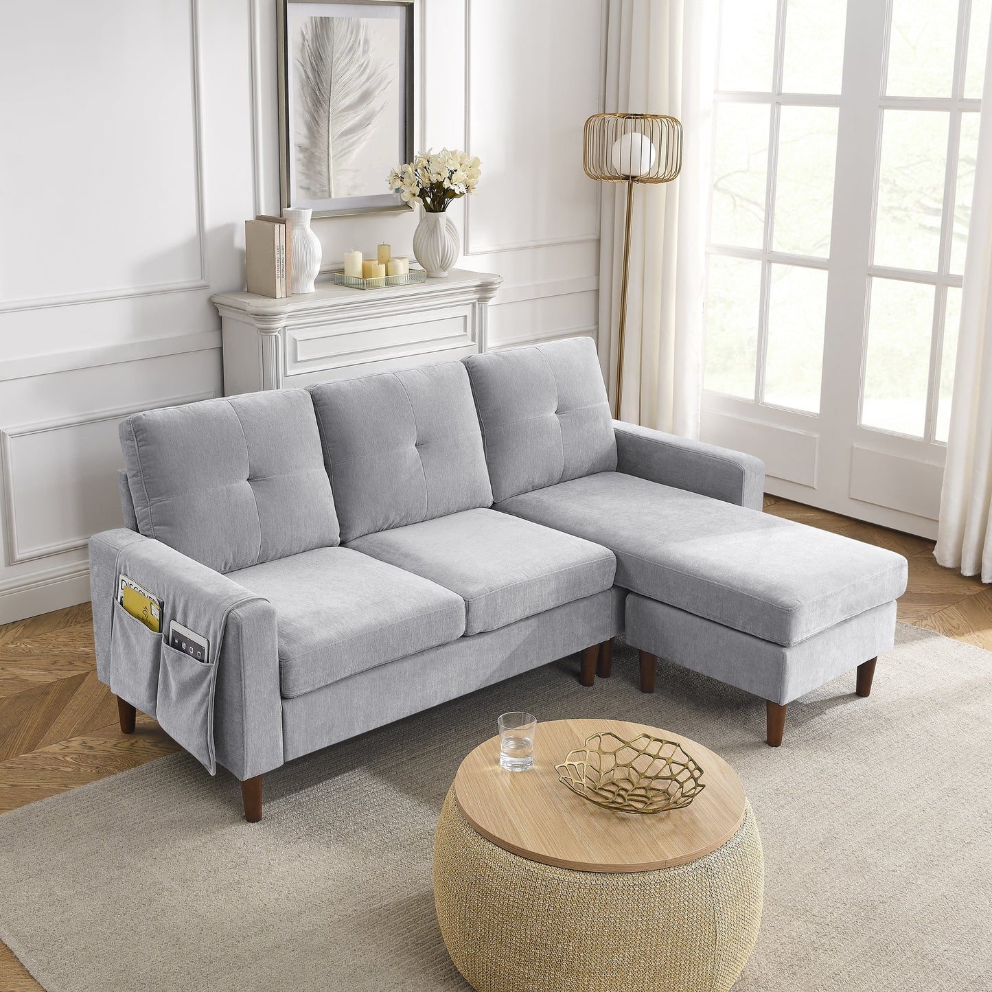 IMKHK Convertible Sectional Sofa Couch with Ottoman, Modern Chenille Fabric Modular Couch with Removable Cushions and Side Pockets, Reversible 3-Seat Sofa with Chaise for Living Room, Beige