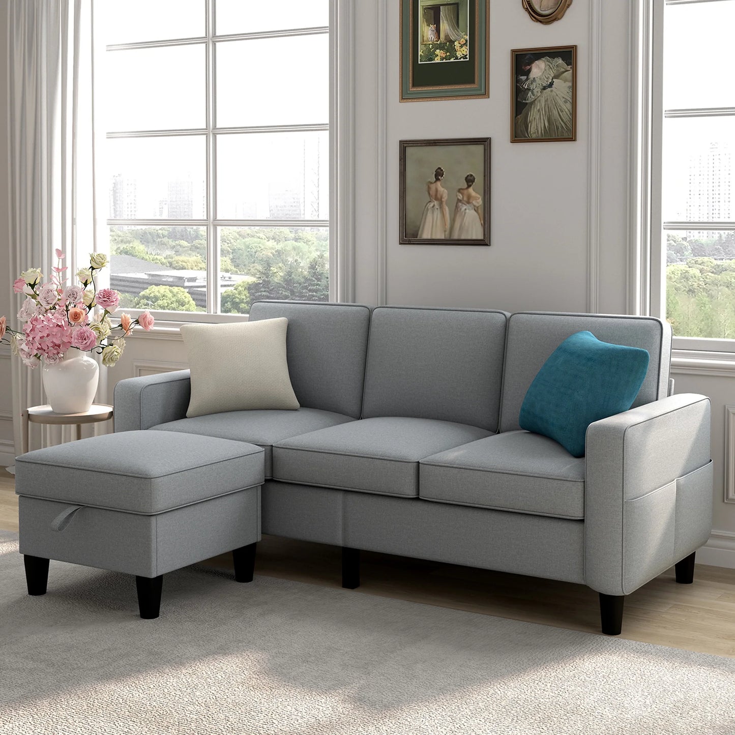 IMKHK Convertible Sectional Sofa with Storage Ottoman, Upholstered 3-Seat Sofa Couch with Side Pockets, L-Shaped Modular Sectional Couch with Chaise for Living Room, Apartment, Light Gray