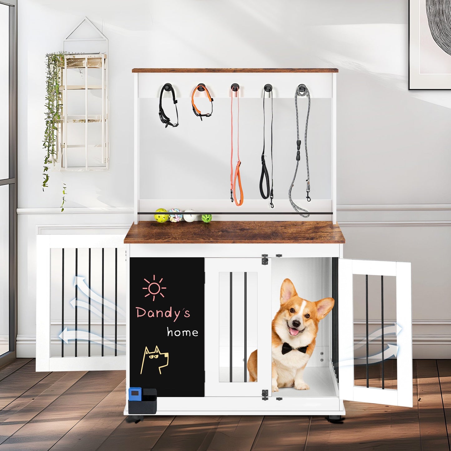 IMKHK Dog Crate Furniture with Graffiti Board and Eraser, Indoor Dog Cage Table with 2 Lockable Doors 5 Hooks and Storage Fence, Large Wooden Dog Kennel with Storage for Small Medium Dogs, White