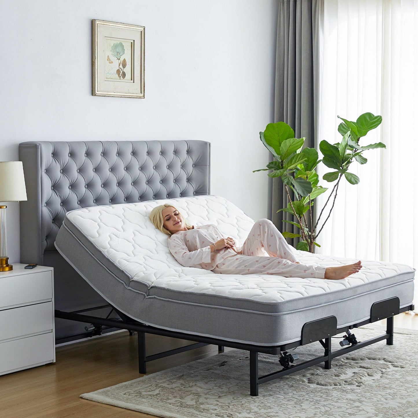 IMKHK Electric Adjustable Bed Base Frame with Wireless Remote, Independent Head and Foot Incline, Power Metal Platform Bed Base with Bottom Storage Space, Advanced Smooth Silent Operation, Queen