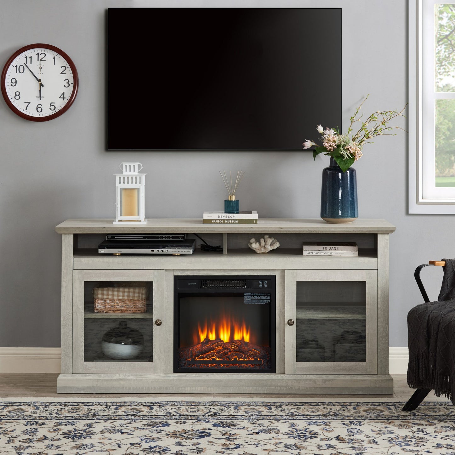 IMKHK Electric Fireplace TV Stand for 65 Inch TV, TV Console with Remote Control, Farmhouse Media Entertainment Center with 21" Fireplace and 2 Doors for Living Room or Bedroom, Brown