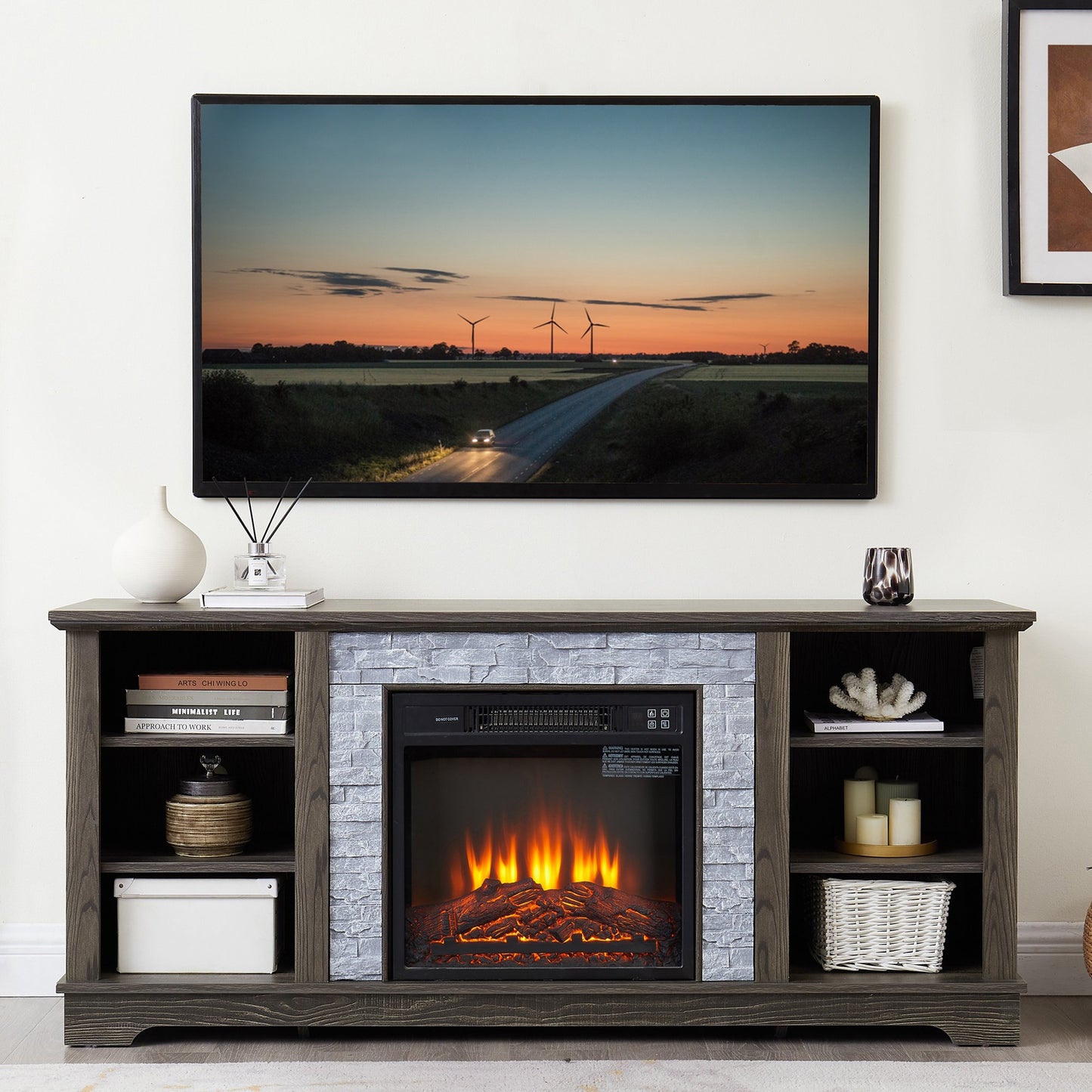 IMKHK Electric Fireplace TV Stand for 70" TVs, Farmhouse Entertainment Center with Faux Stacked Stone Surrounded for Living Room, Wood TV Console with Open Shelves, Remote Control Fireplace, White