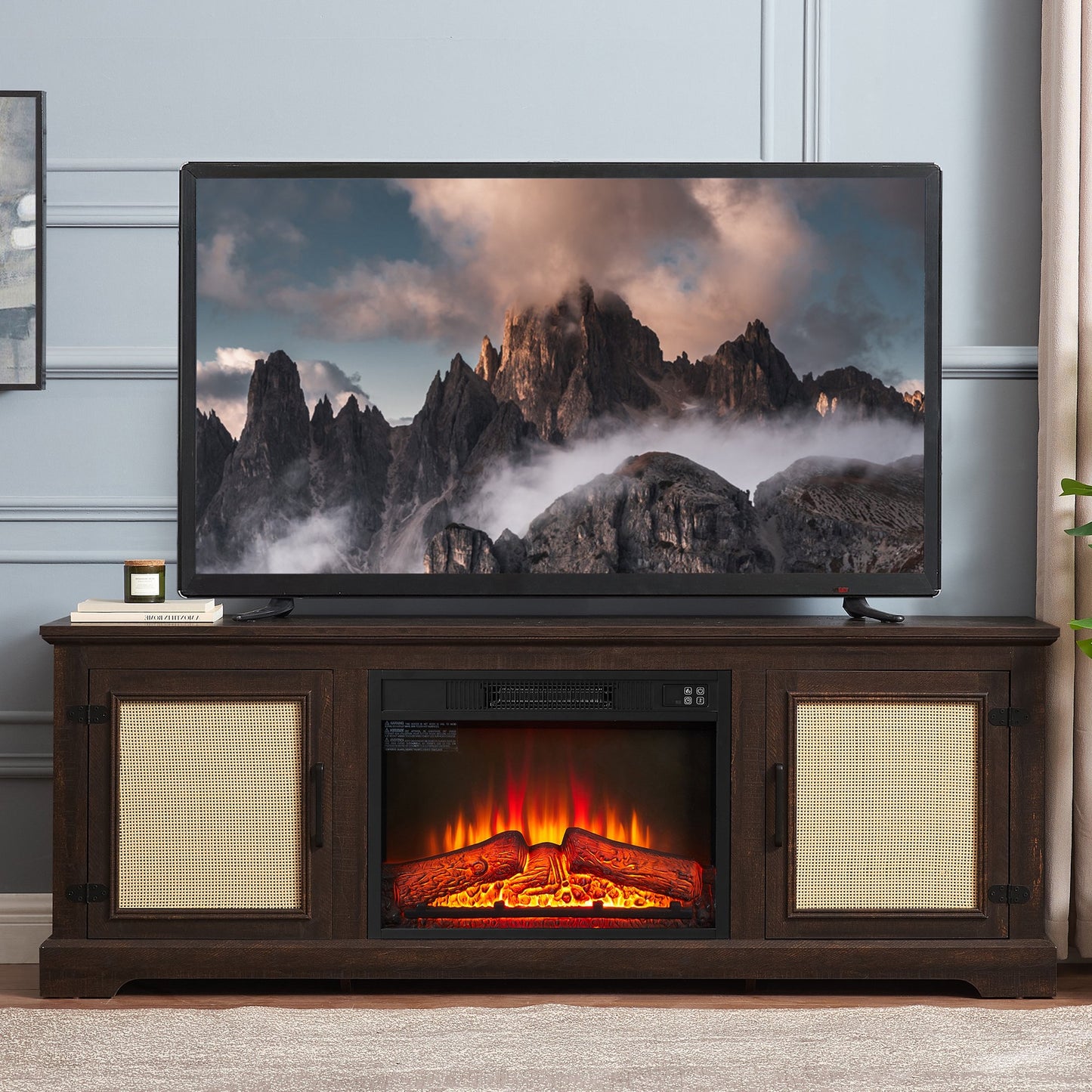 IMKHK Electric Fireplace TV Stand for TVs up to 70", Farmhouse Media Entertainment Center with 2 Storage Cabinet, Wooden Rattan TV Console Cabinet with Adjustable Shelves for Living Room, Brown