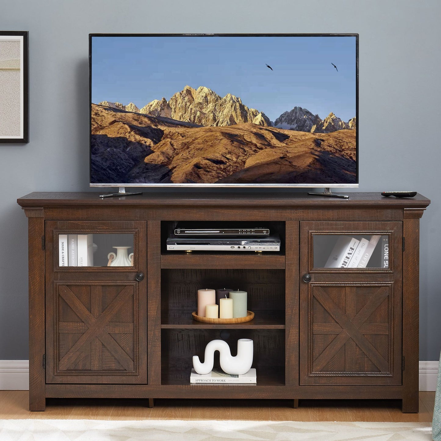 IMKHK Farmhouse TV Stand with Adjustable Shelves and 2 Storage Cabinets for 65 inch TV, Modern Entertainment Center for Living Room Apartment, TV Media Console Table with Double Rustic Doors, Brown