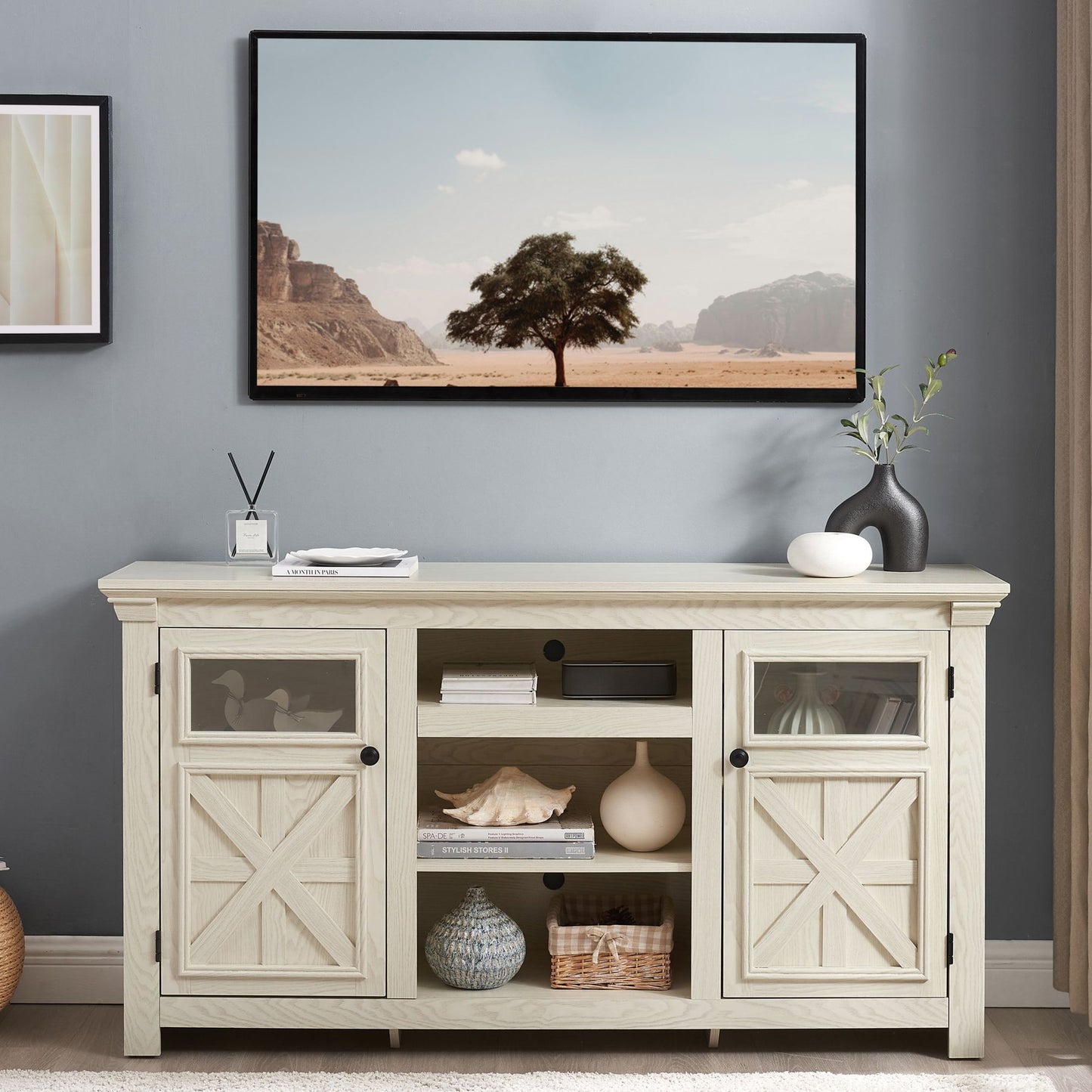 IMKHK Farmhouse TV Stand with Adjustable Shelves and 2 Storage Cabinets for 65 inch TV, Modern Entertainment Center for Living Room Apartment, TV Media Console Table with Double Rustic Doors, Brown