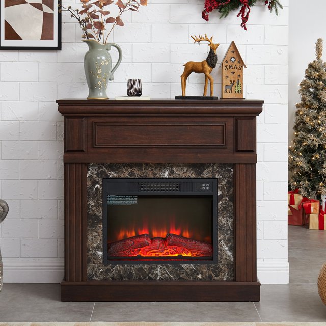 IMKHK Fireplace with Mantel, 42" Freestanding Electric Fireplace Heater with Stacked Stone Surround, TV Stand with Fireplace, Adjustable LED Flame Level for Living Room Bedroom, Remote Control, Brown