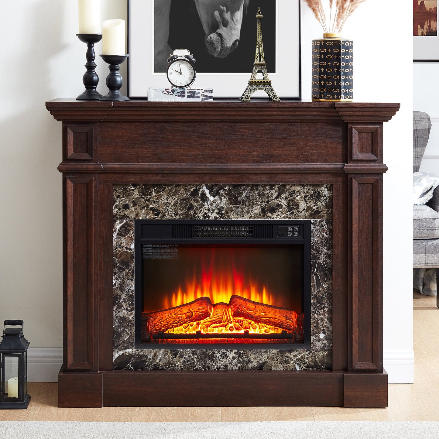 IMKHK Fireplace with Mantel, 46" Freestanding Electric Fireplace Heater with Stacked Stone Surround, TV Stand with Fireplace, Remote Control, Adjustable Flame Level for Living Room, 1400W, Brown