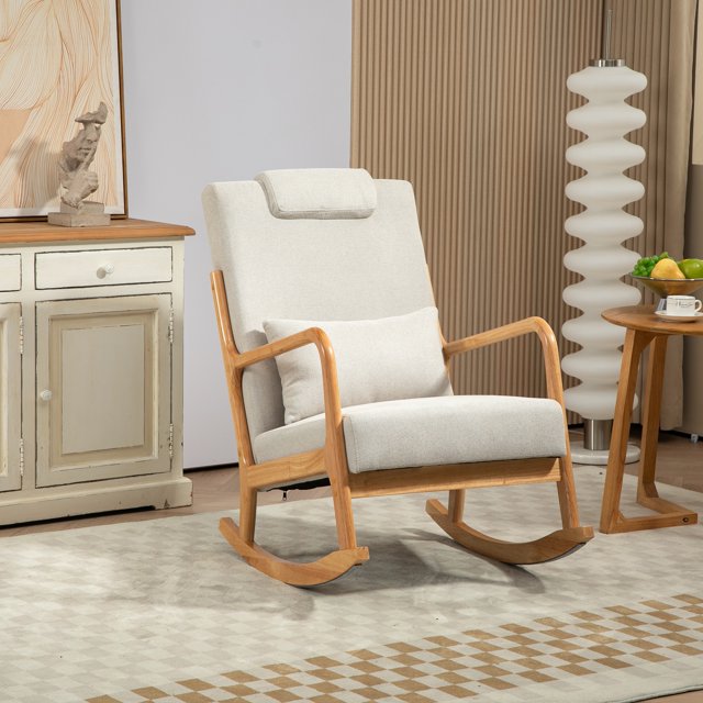 IMKHK Glider Rocker Chair with High Backrest and Lumbar Pillow, Mid-Century Rocking Nursery Chair, Linen Fabric Upholstered Accent Chair with Strong Solid Wood Frame for Living Room Bedroom, Beige