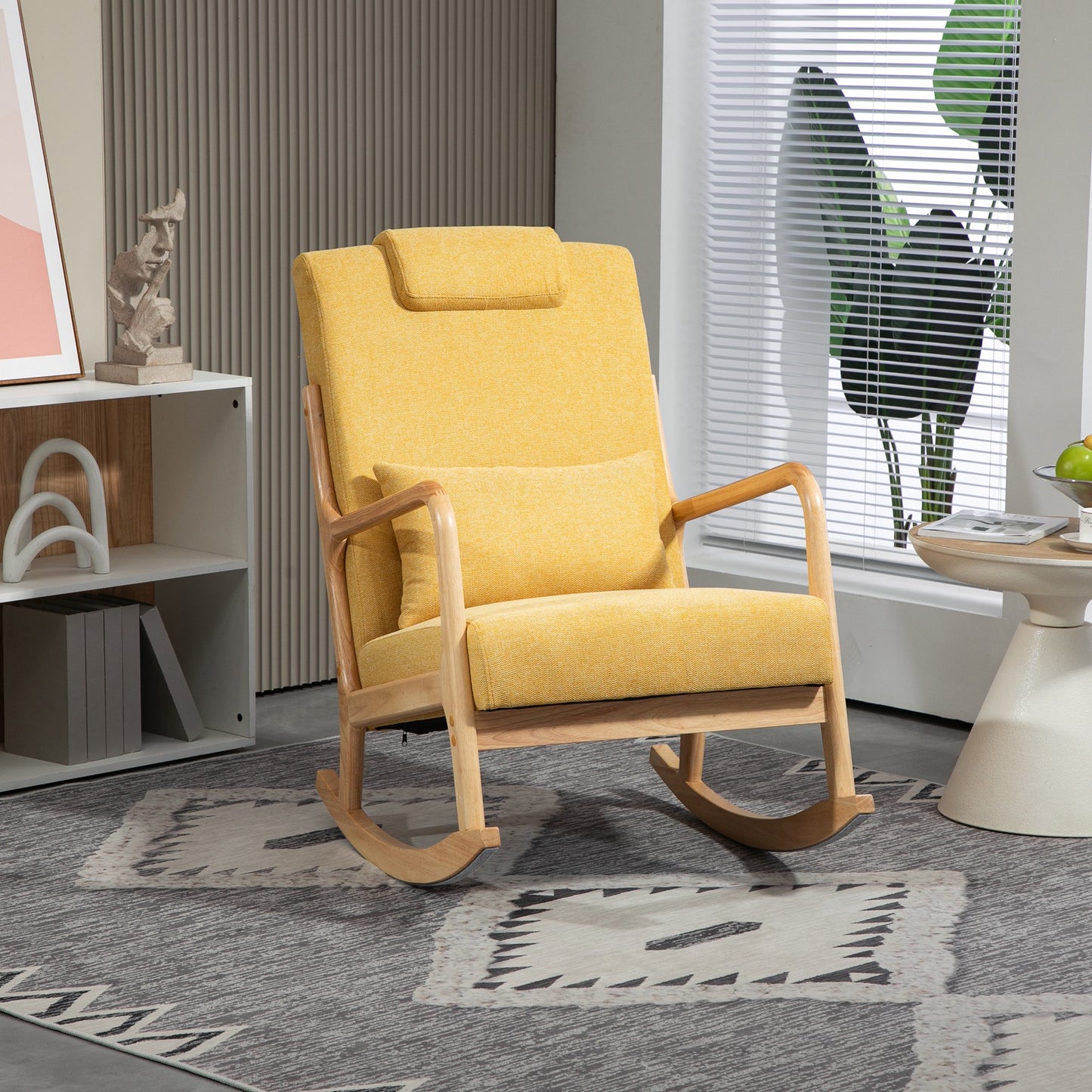 IMKHK Glider Rocker Chair with High Backrest and Lumbar Pillow, Mid-Century Rocking Nursery Chair, Linen Fabric Upholstered Accent Chair with Strong Solid Wood Frame for Living Room Bedroom, Beige