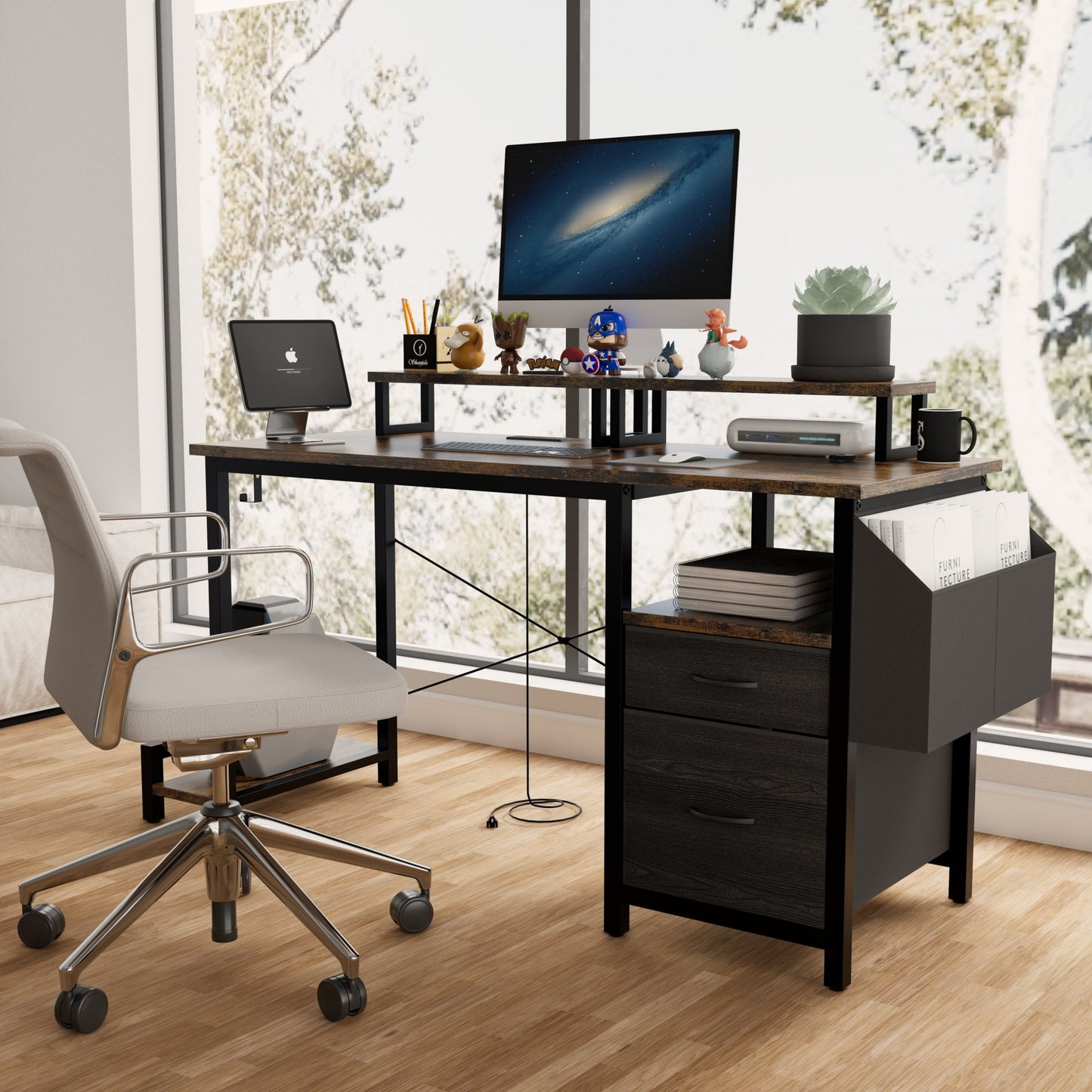 IMKHK Home Office Desk with 2 Movable Monitor Stands, Reversible Computer Desk with Charging Staion, 2 Fabric Drawers and Large Side Pocket, Writing Gaming Desk with 1 Hook for Bedroom Office, Black