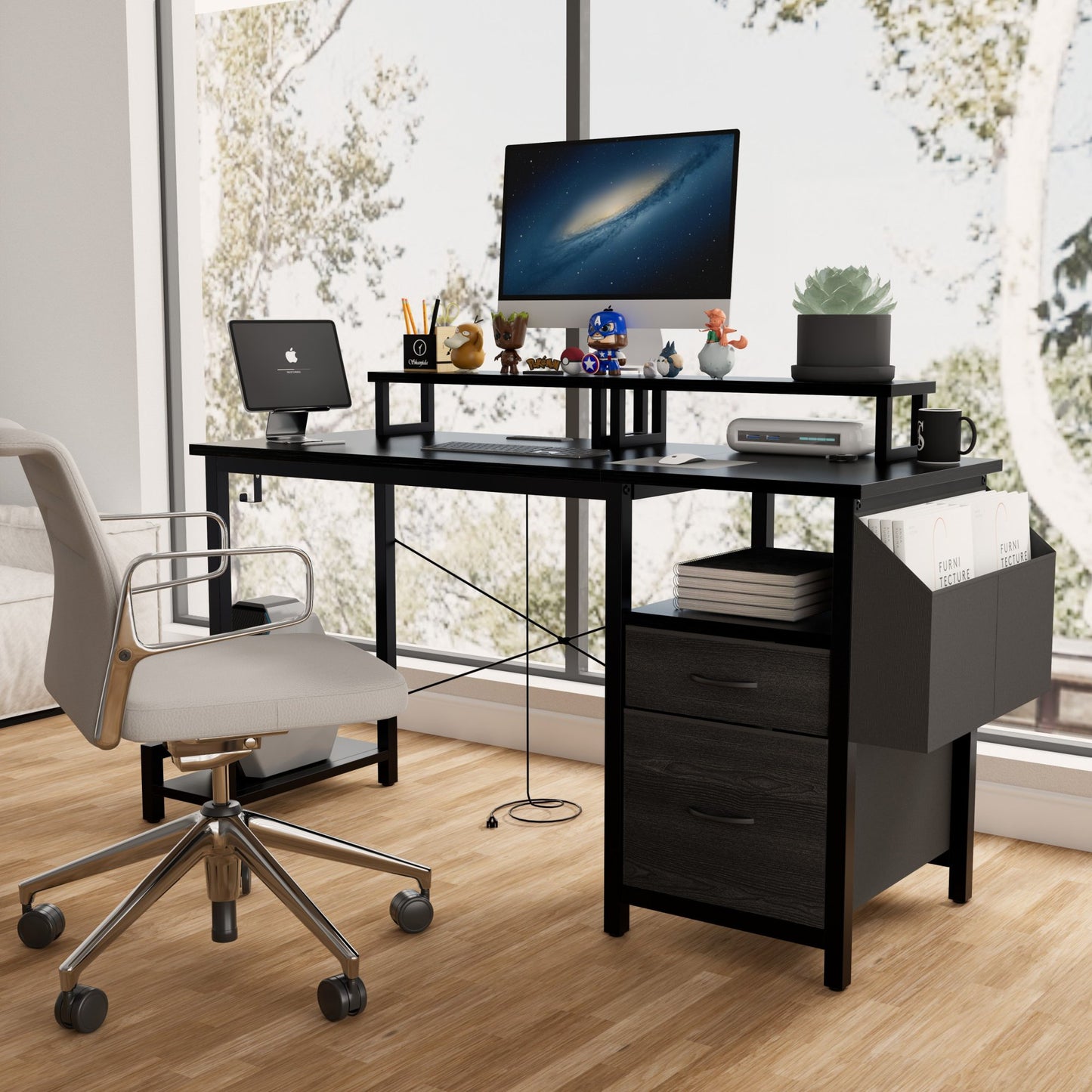 IMKHK Home Office Desk with 2 Movable Monitor Stands, Reversible Computer Desk with Charging Staion, 2 Fabric Drawers and Large Side Pocket, Writing Gaming Desk with 1 Hook for Bedroom Office, Black