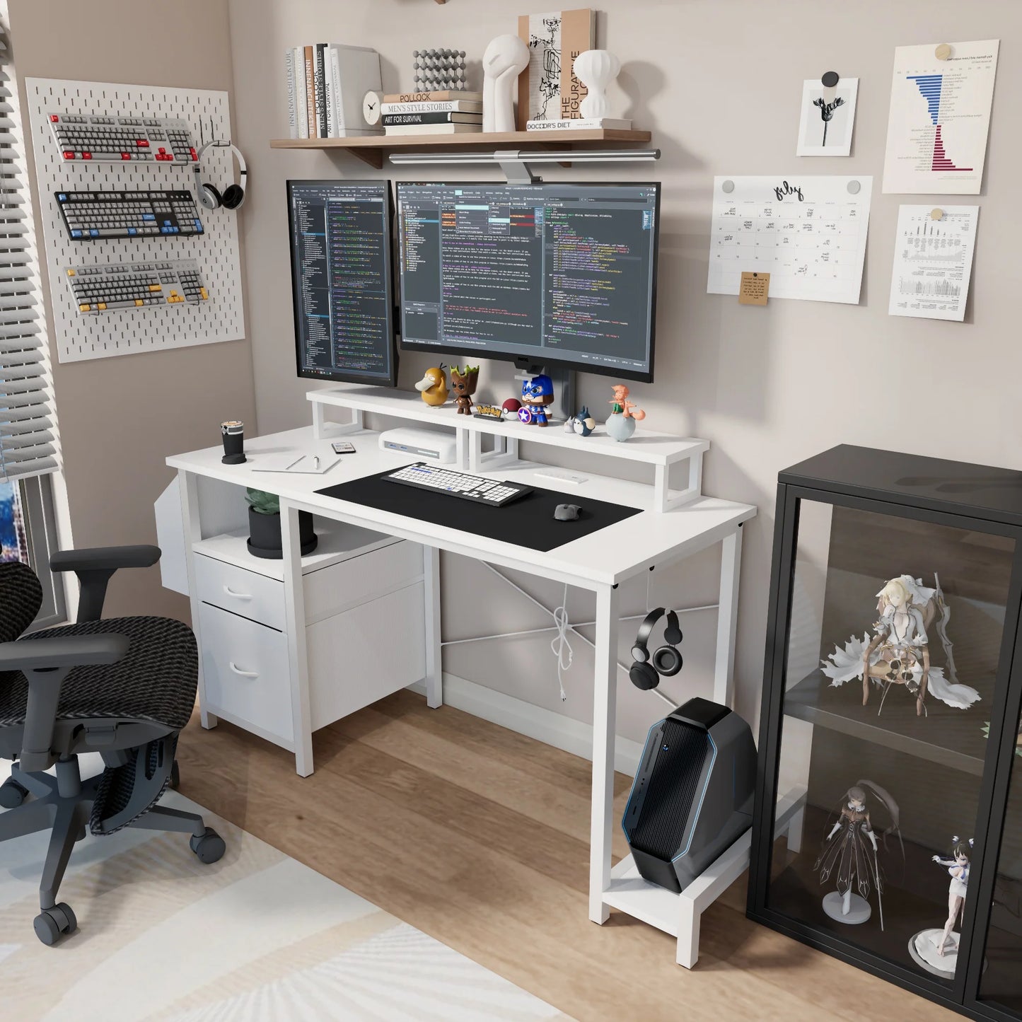 IMKHK Home Office Desk with 2 Movable Monitor Stands, Reversible Computer Desk with Charging Staion, 2 Fabric Drawers and Large Side Pocket, Writing Gaming Desk with 1 Hook for Bedroom Office, Black
