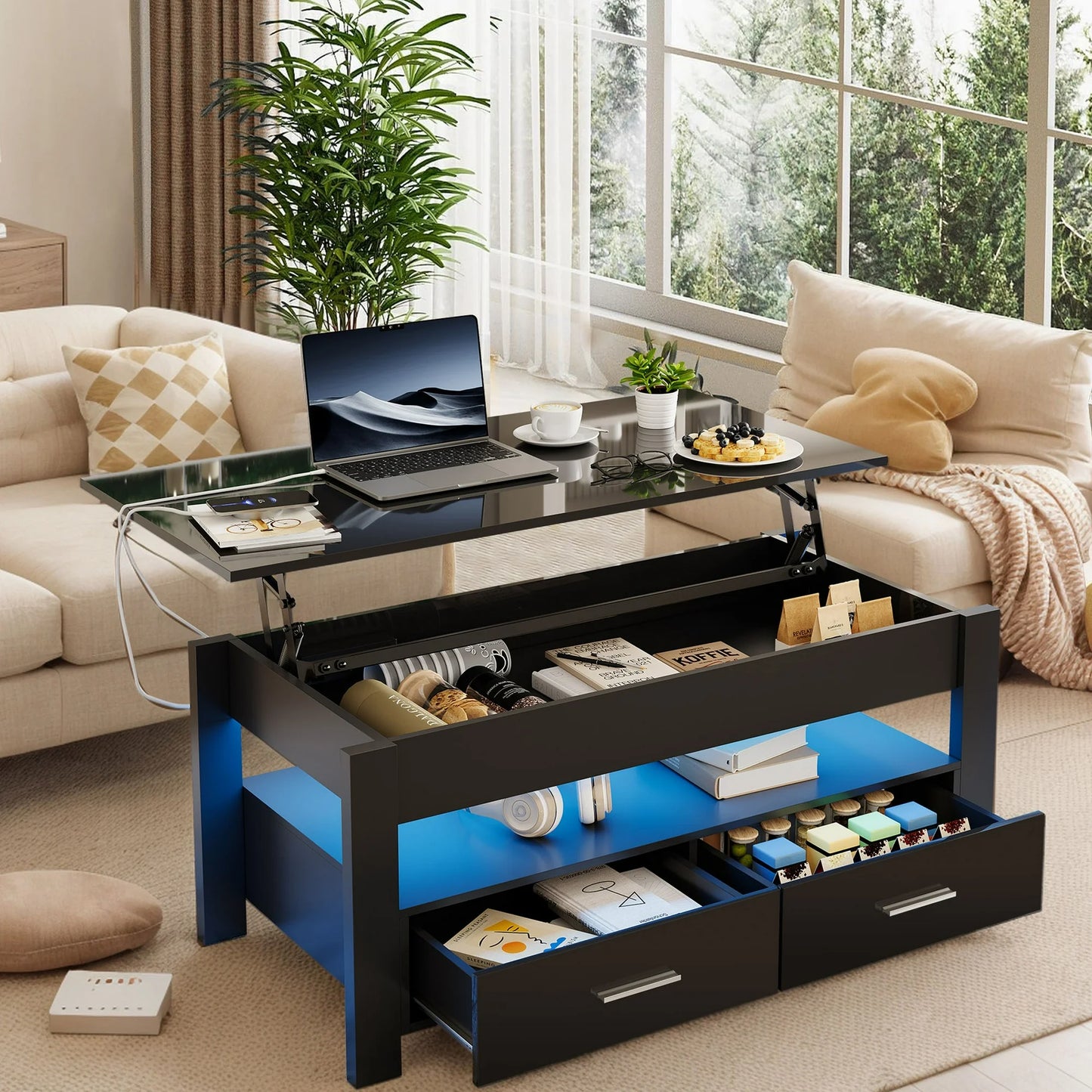 IMKHK LED Coffee Table with 2 Drawers, Lift Top Coffee Table with Hidden Storage and Charging Station, Modern High Glossy Center Table for Living Room, Sofa Side Tea Tables with Rising Top, Black