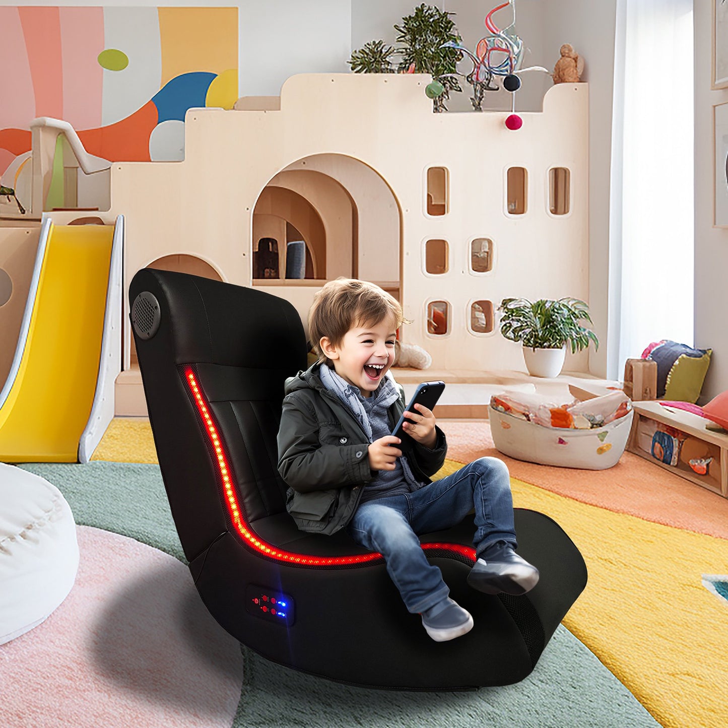 IMKHK LED Gaming Chair with Built-in Audio Speakers and USB Ports, Foldable Rocker Floor Chair with Vibration Massage, Video Gaming Floor Rocker Chair for Bedroom Gameroom, Gift for Boys Girls, Black