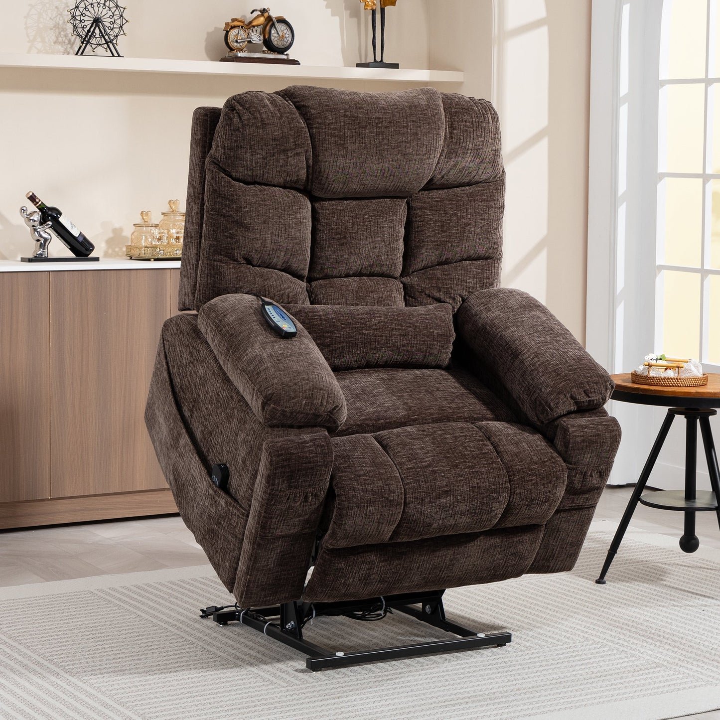 IMKHK Lift Recliner Chair with Waist Pillow for Elderly, Electric Power Lift Chair with Massage and Heat, Oversized Fabric Power Reclining Sofa with Charging Ports Cup Holders and Side Pockets, Brown