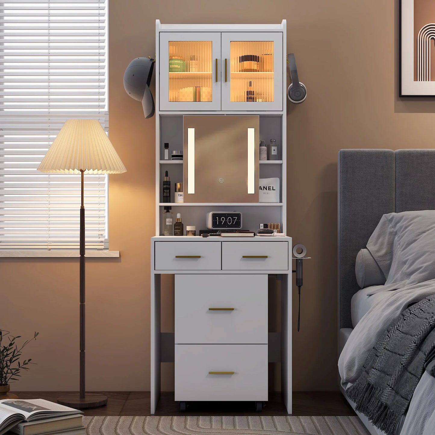 IMKHK Makeup Dressing Table Set with Charging Station, Makeup Desk with Sliding Light Mirror and LED Lights, Makeup Vanity Table with Hair Dryer Rack, Hooks, 3 Drawers, Vanity Set for Girls, Gray