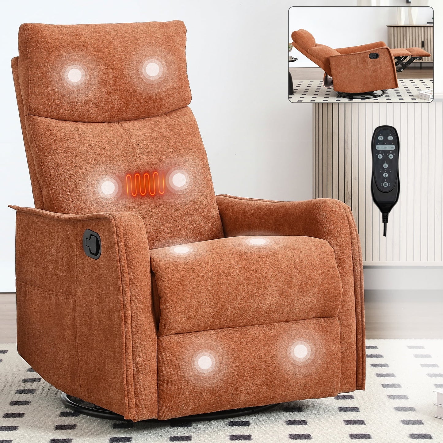 IMKHK Manual Rocker Recliner Chair with Vibration Massage and Heat, Swivel Fabric Lounge Chair with Remote Control and Side Pockets, Ergonomic Single Sofa Reclining Chair for Bedroom Theater, Khaki