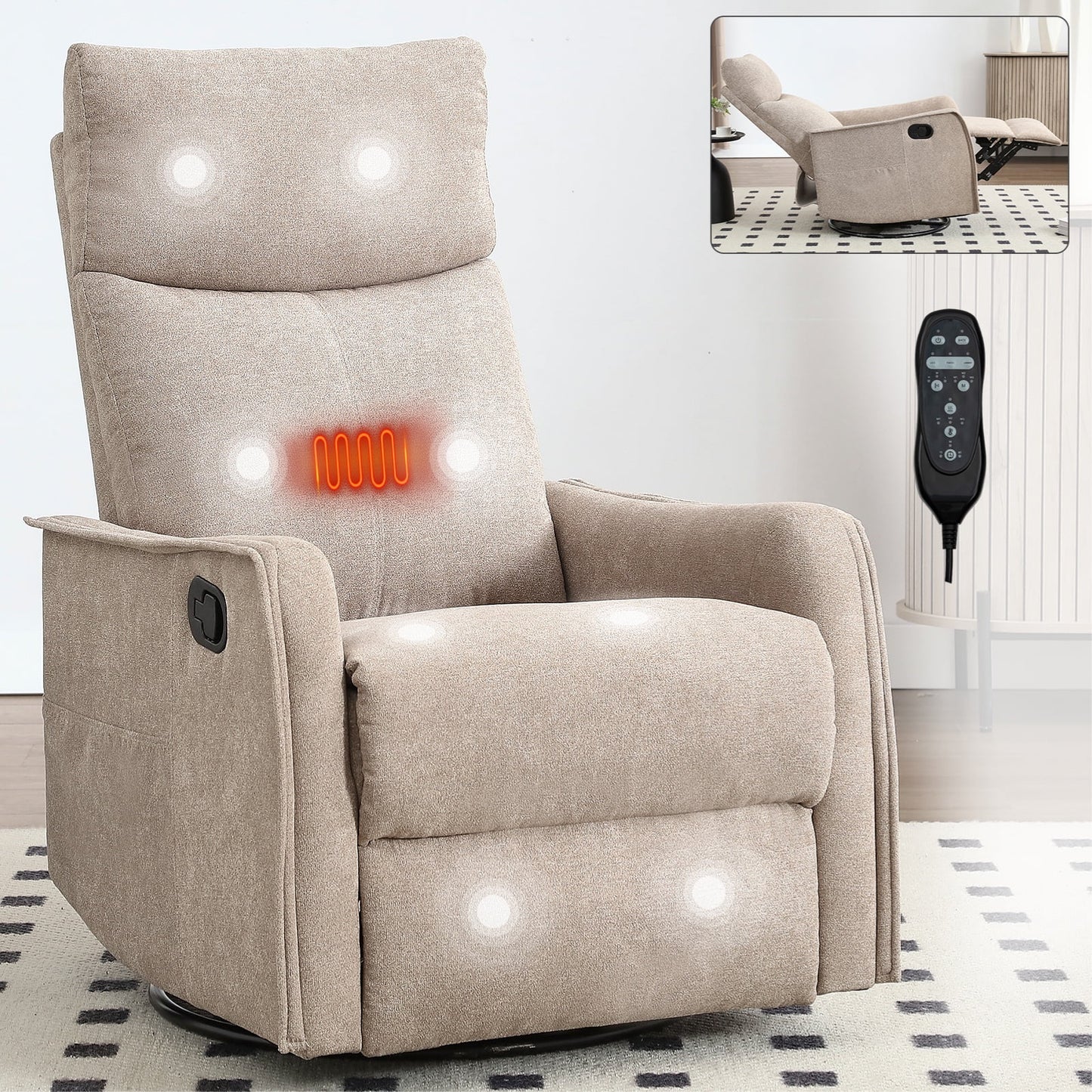 IMKHK Manual Rocker Recliner Chair with Vibration Massage and Heat, Swivel Fabric Lounge Chair with Remote Control and Side Pockets, Ergonomic Single Sofa Reclining Chair for Bedroom Theater, Khaki
