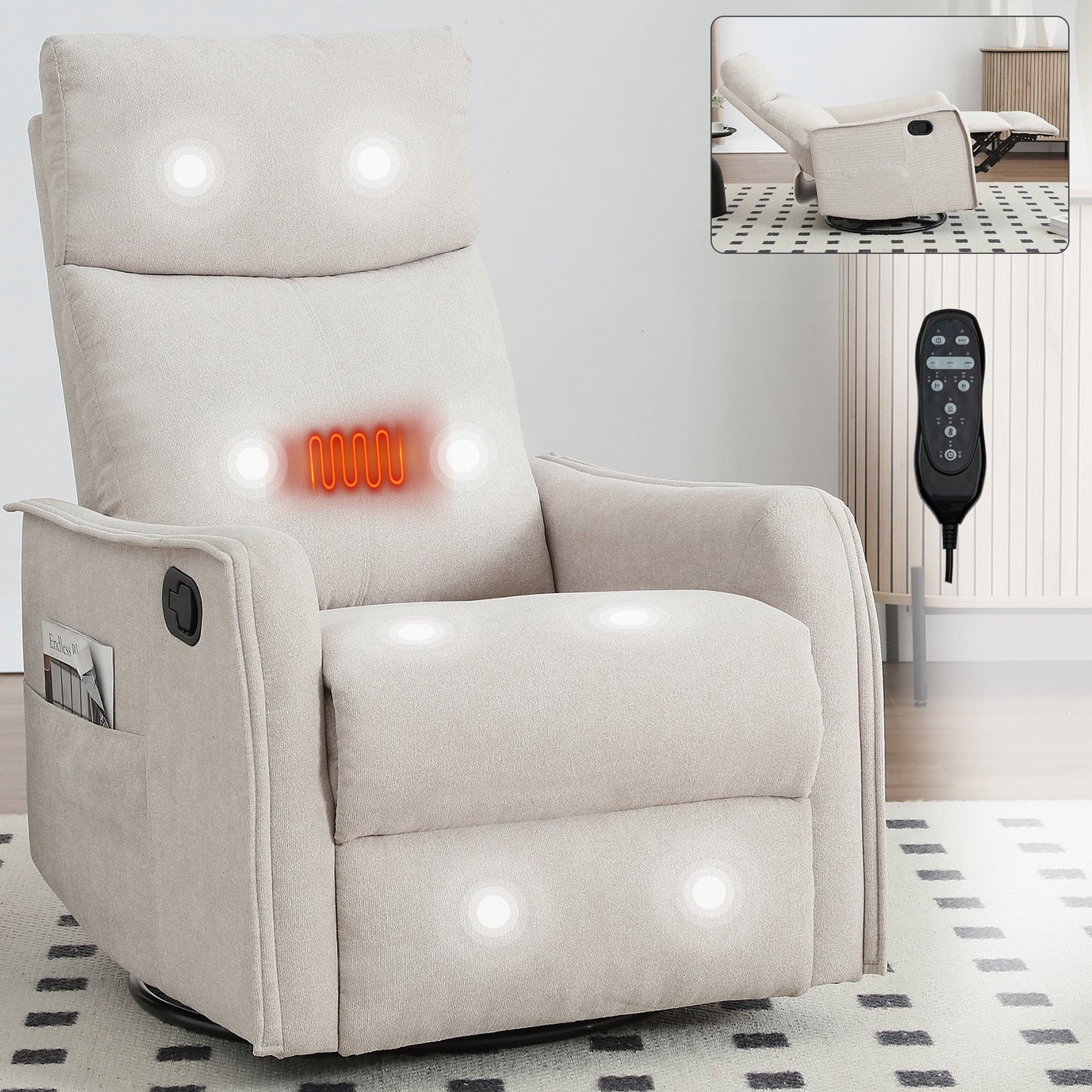 IMKHK Manual Rocker Recliner Chair with Vibration Massage and Heat, Swivel Fabric Lounge Chair with Remote Control and Side Pockets, Ergonomic Single Sofa Reclining Chair for Bedroom Theater, Khaki