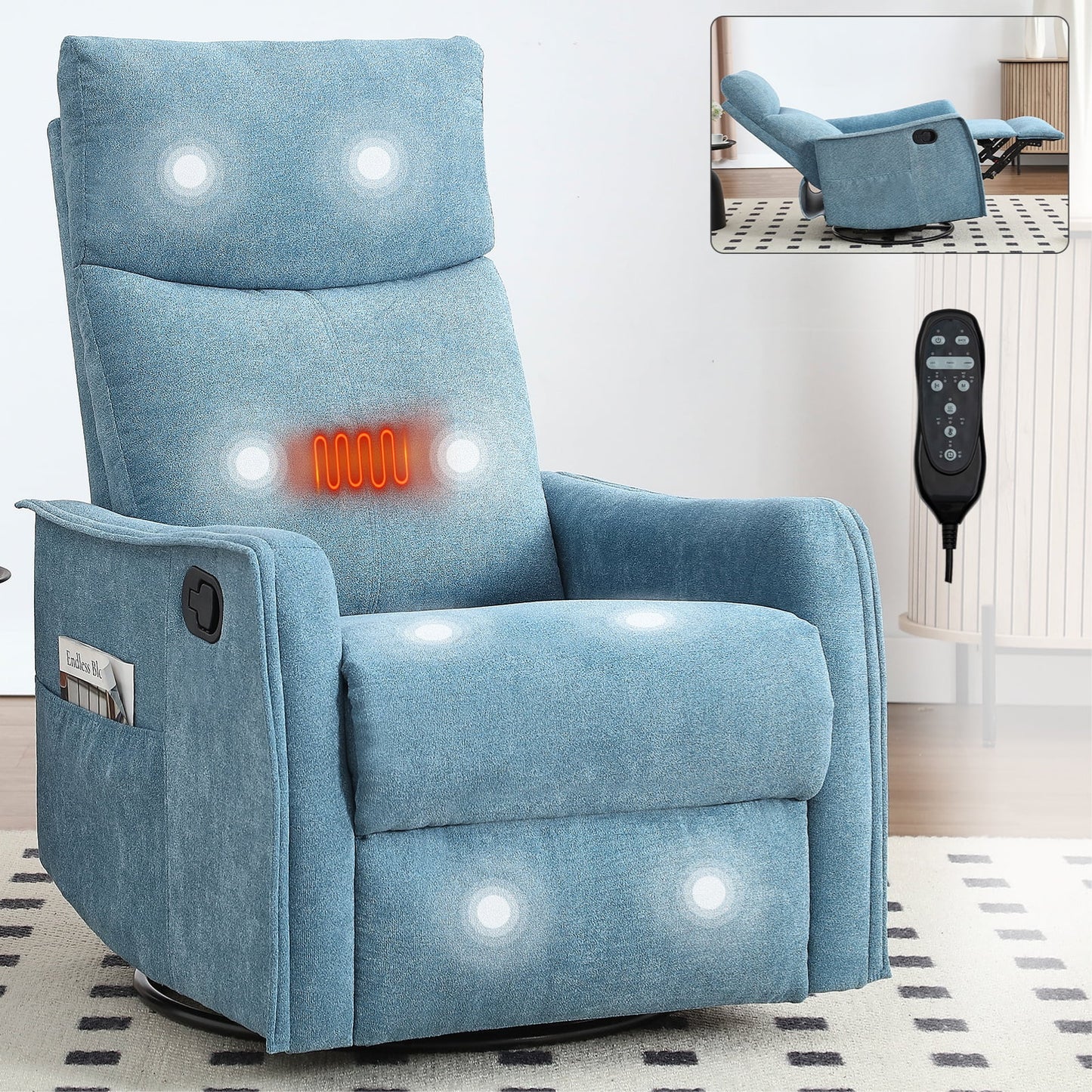 IMKHK Manual Rocker Recliner Chair with Vibration Massage and Heat, Swivel Fabric Lounge Chair with Remote Control and Side Pockets, Ergonomic Single Sofa Reclining Chair for Bedroom Theater, Khaki