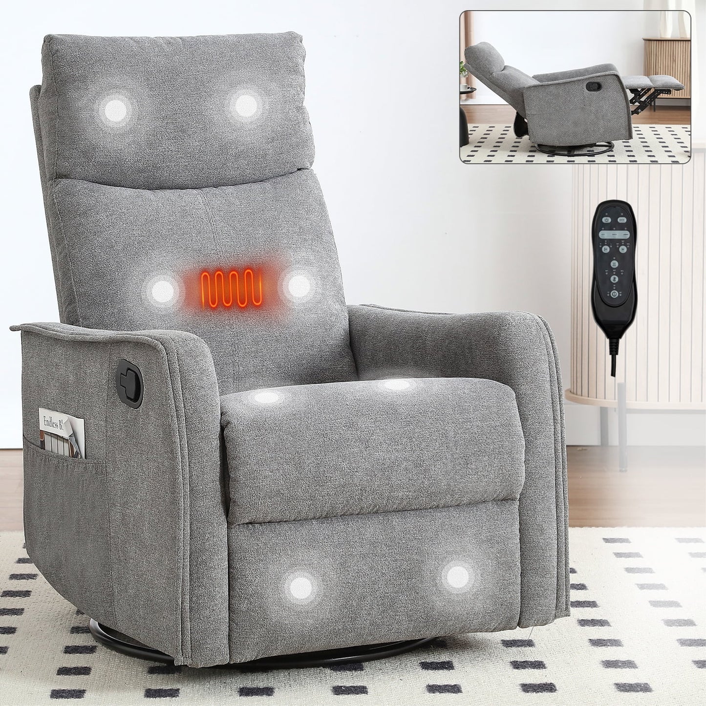 IMKHK Manual Rocker Recliner Chair with Vibration Massage and Heat, Swivel Fabric Lounge Chair with Remote Control and Side Pockets, Ergonomic Single Sofa Reclining Chair for Bedroom Theater, Khaki