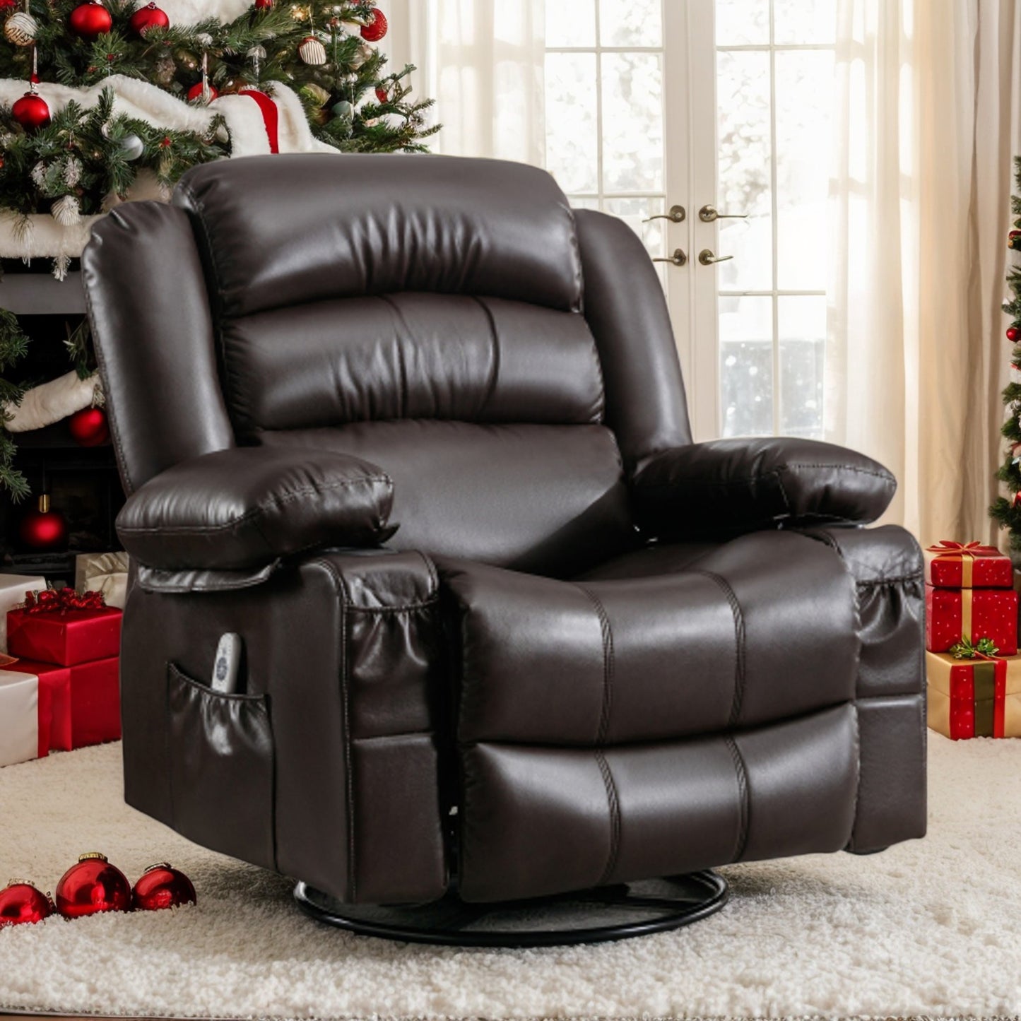 IMKHK Manual Rocker Recliner Chair with Vibration Massage and Heat, Swivel Recliner Chair Single Rocker Sofa with 2 Cup Holders, USB Port and Side Pockets, Ergonomic Lounge Chair for Bedroom, Brown