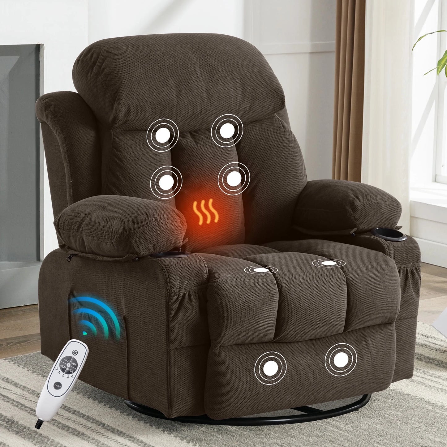 IMKHK Rocker Recliners with Heat and Massage for Adults, Manual Swivel Rocking Recliner Chair with USB Port, Side Pockets, Cup Holders, 24.4in Single Fabric Lounge Sofa Chair for Living Room, Beige