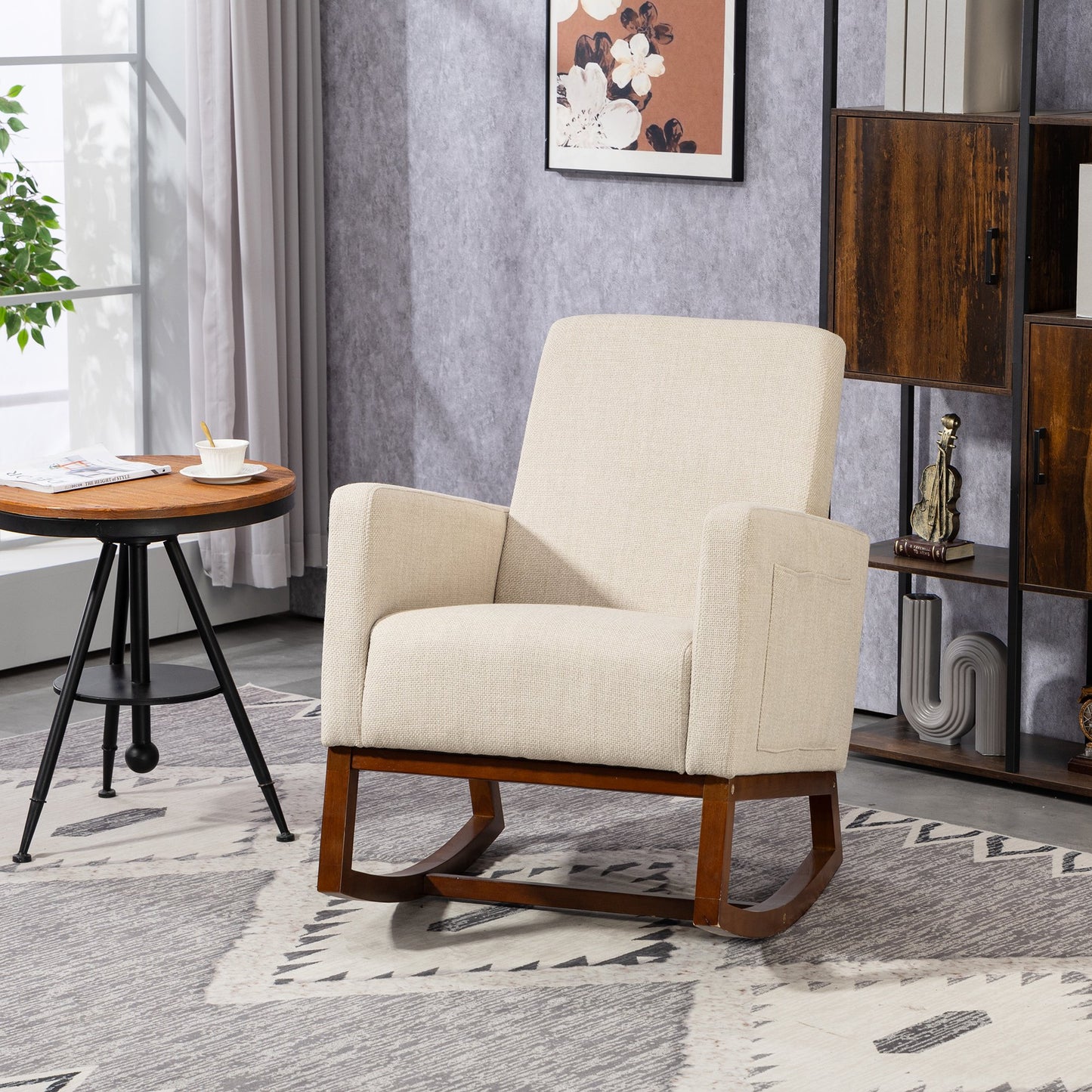 IMKHK Mid-Century Rocking Nursery Chair with Side Pockets, Upholstered Accent Chair with Strong Solid Wood Frame, Modern Linen Fabric Glider Rocker for Living Room Bedroom Balcony, Brown
