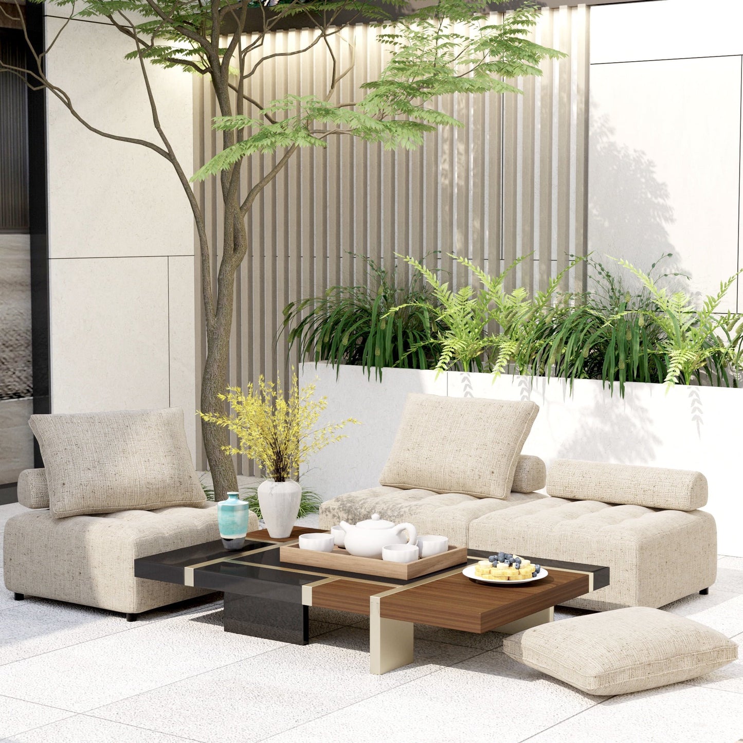 IMKHK Outdoor Modular Sofa, Patio Sectional Furniture Sofa with Metal Structure, Support and Back Cushion, Patio Furniture Sets with Waterproof Sofa Cover for Backyard Balcony, 2PC Light Brown