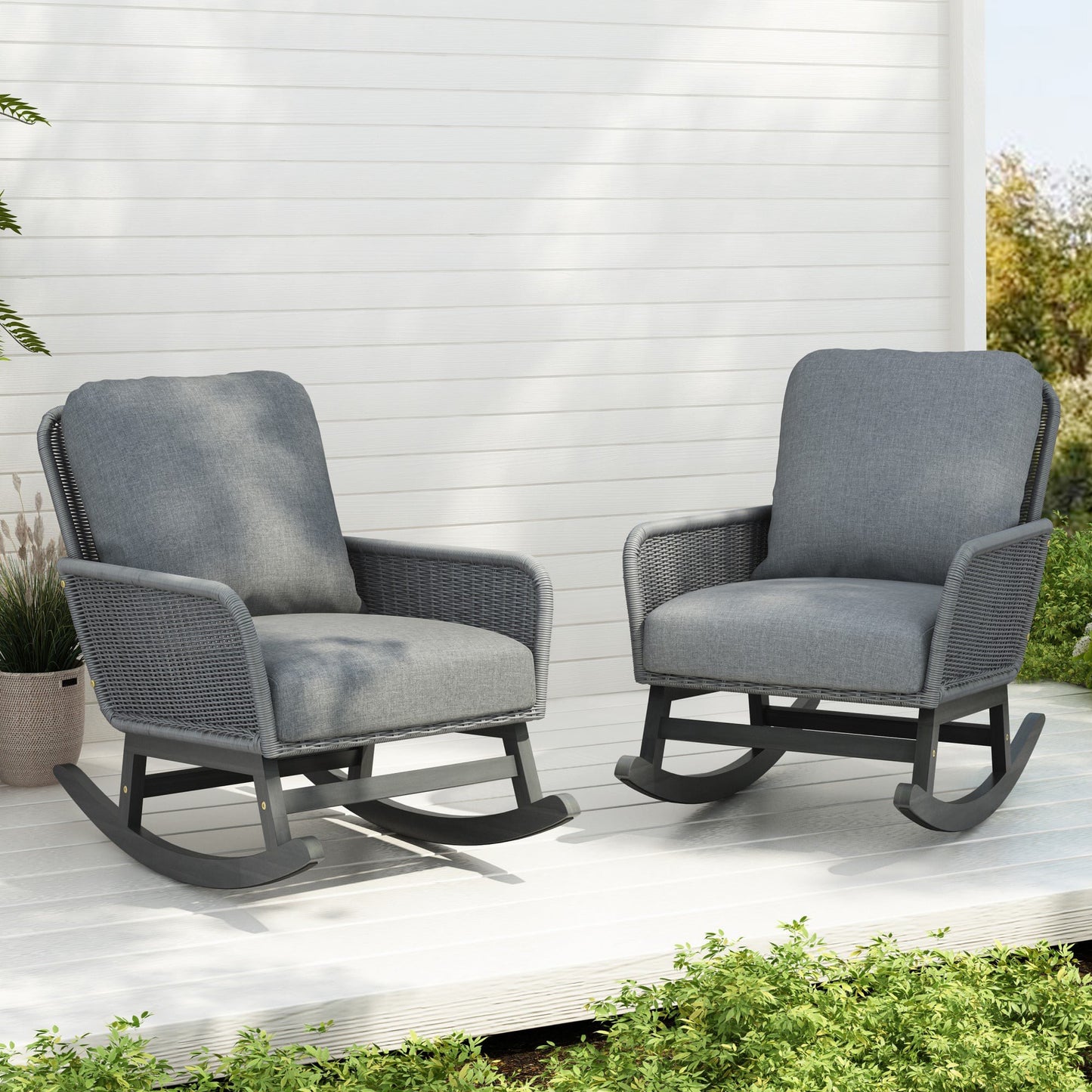 IMKHK Outdoor Patio Rocker Chair, Modern Rattan Wicker Rocking Chair with Thickened Cushions and Wooden Frame, All-Weather Rocker Wicker Chair for Garden, Backyard, Patio and Balcony, Set of 2, Beige