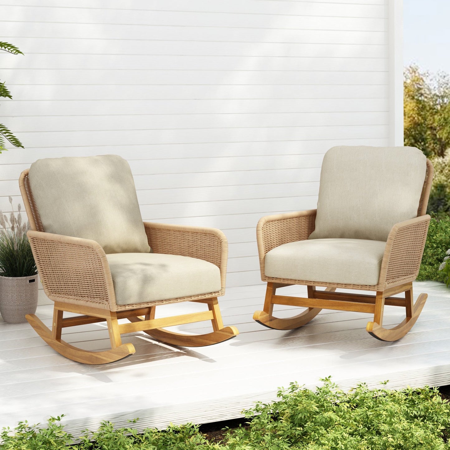 IMKHK Outdoor Patio Rocker Chair, Modern Rattan Wicker Rocking Chair with Thickened Cushions and Wooden Frame, All-Weather Rocker Wicker Chair for Garden, Backyard, Patio and Balcony, Set of 2, Beige